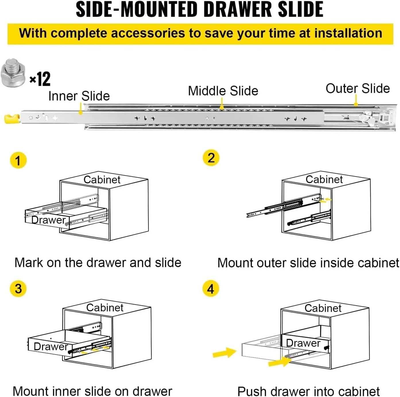 Heavy Duty Drawer Slides 1Pair Locking Drawer Slides 24inch Side Mount Ball Bearing 3-Fold Full Extension