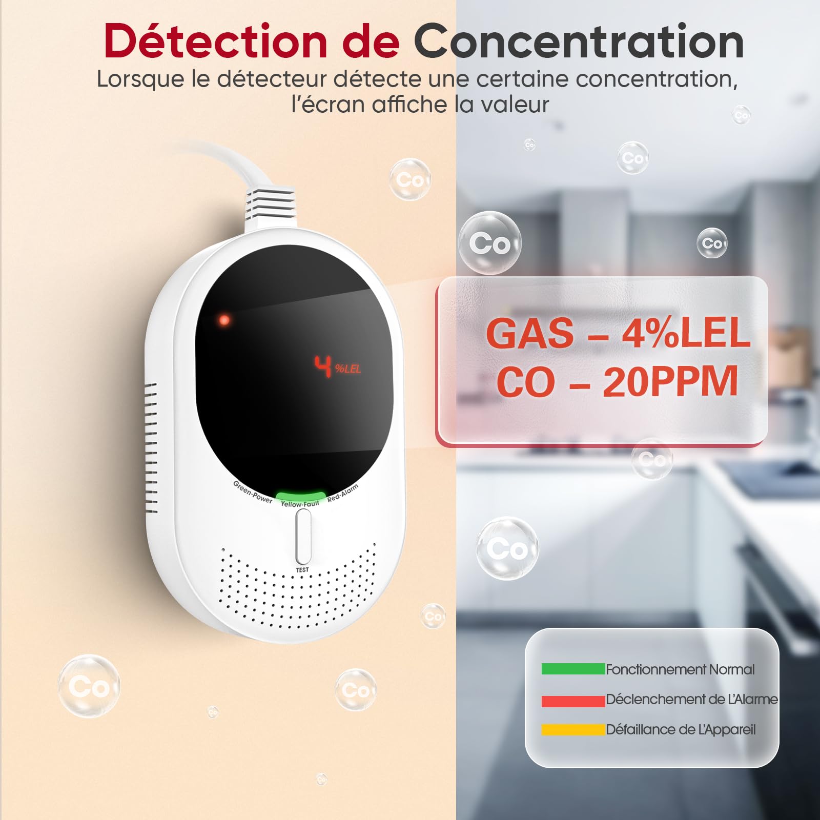 PHYSEN WiFi Détecteur de Gaz et Monoxyde de Carbone avec Écran LED, Certifié EN50291 et EN50194, Compatible Alexa/Google Home App, Détecteur de Méthane et CO pour Cuisine, Chaufferie, Garage