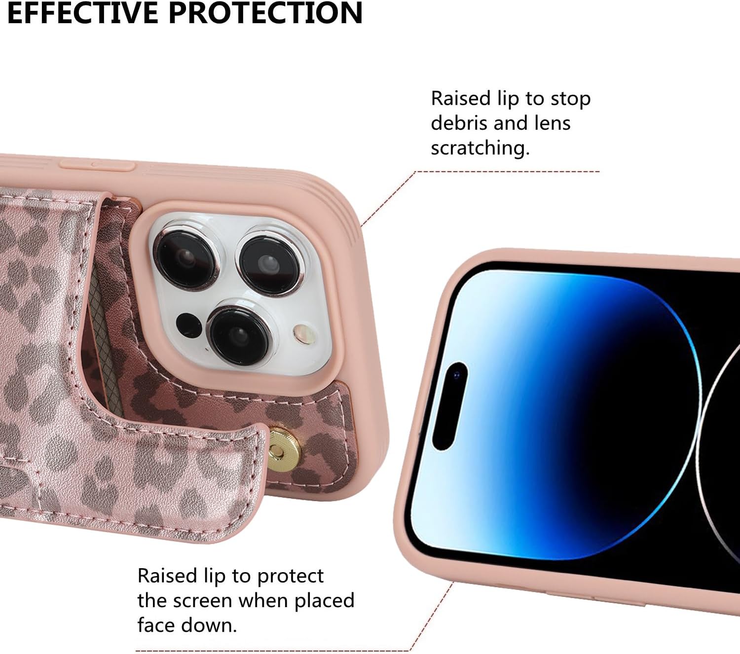 iCoverCase Compatible with iPhone 14 Pro Case with Card Holder, Wallet Case for Women Men RFID Blocking PU Leather Protective Phone Case 6.1 Inch (Rose Gold Leopard) - Image 6