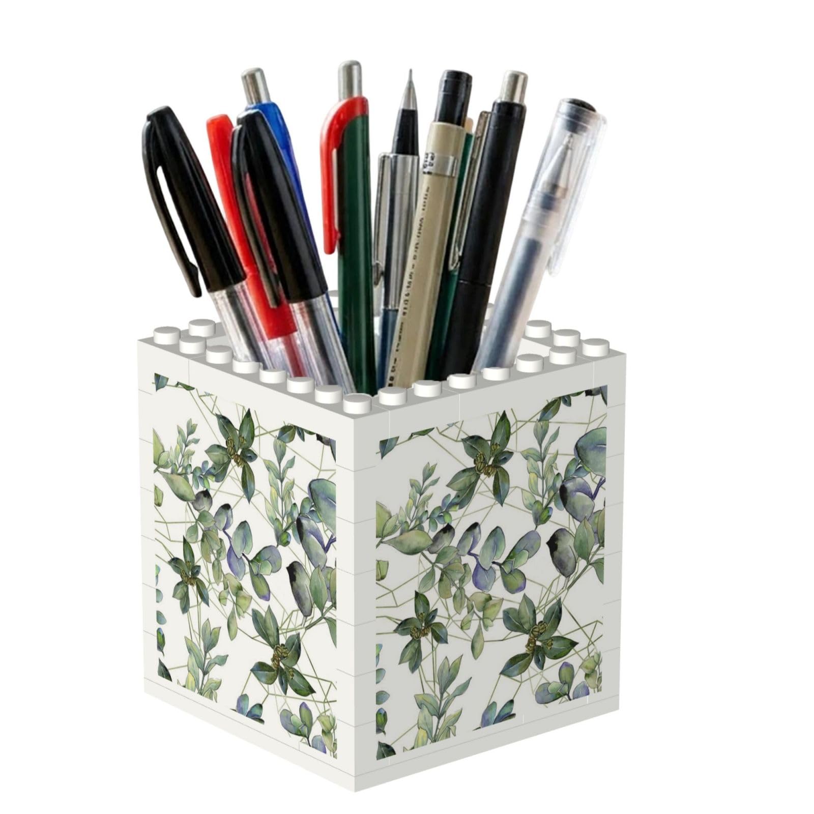 Poadnly Green Eucalyptus Leaves Printed, Pen Pot Pencil Holder for Office Home School, Compact Desk Organiser for Office Stationery