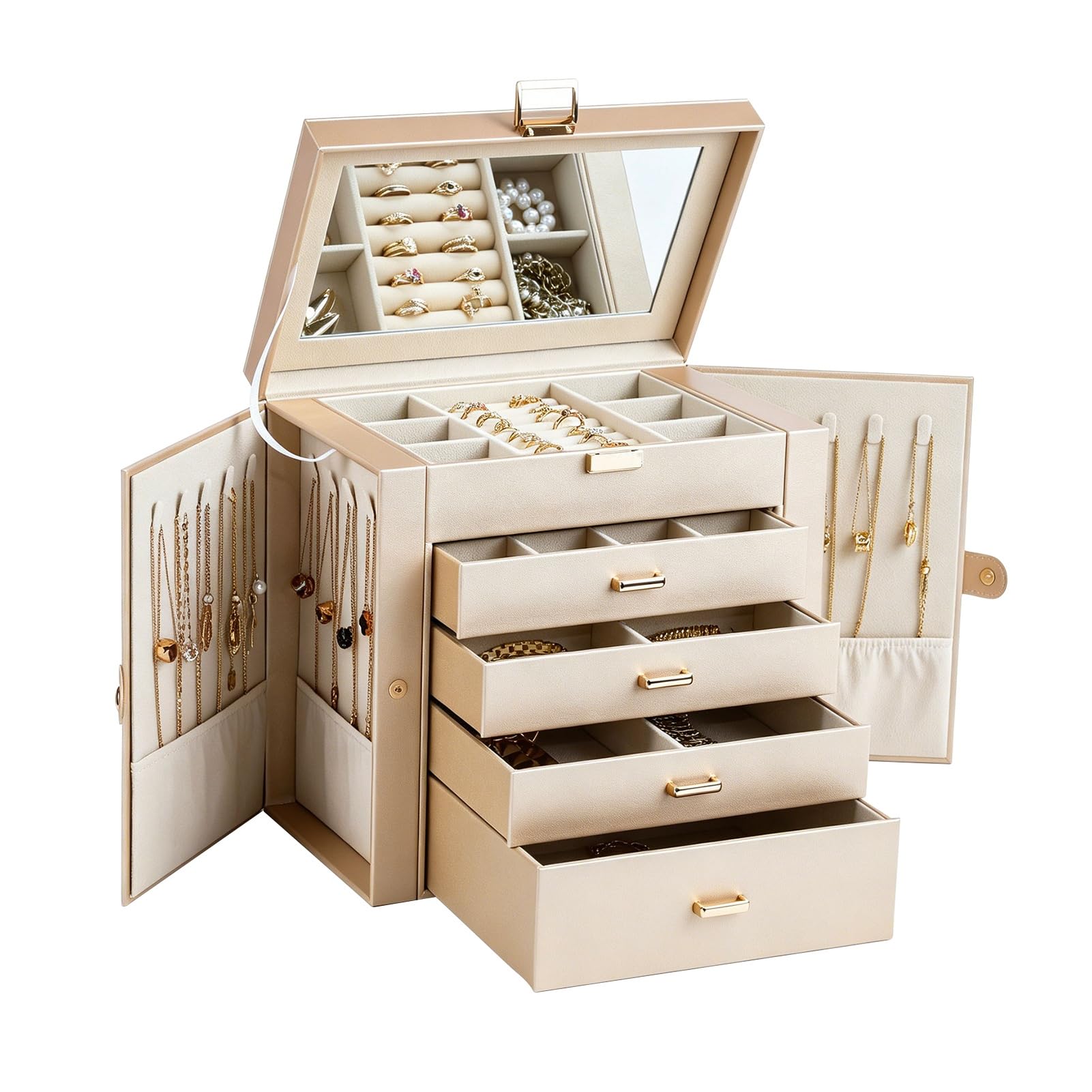 Portagioie da donna con 4 cassetti e custodia organizer con ante laterali | Pelle PU, specchio incorporato for collane, orologi, anelli, orecchini, bracciali, vetro(Champagne)