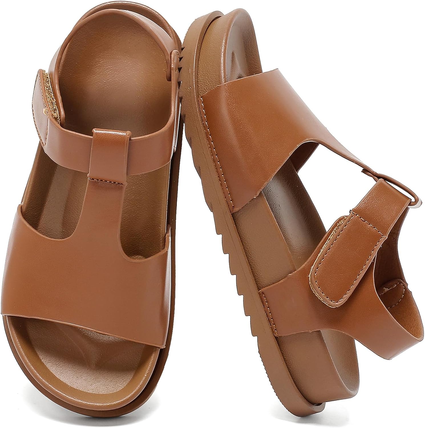 Kids Sandals for Girls and Boys, Summer Soft Faux Leather Flat Shoes, Non-Slip Comfort Lightweight Beach Walking Sandals with Back Strap