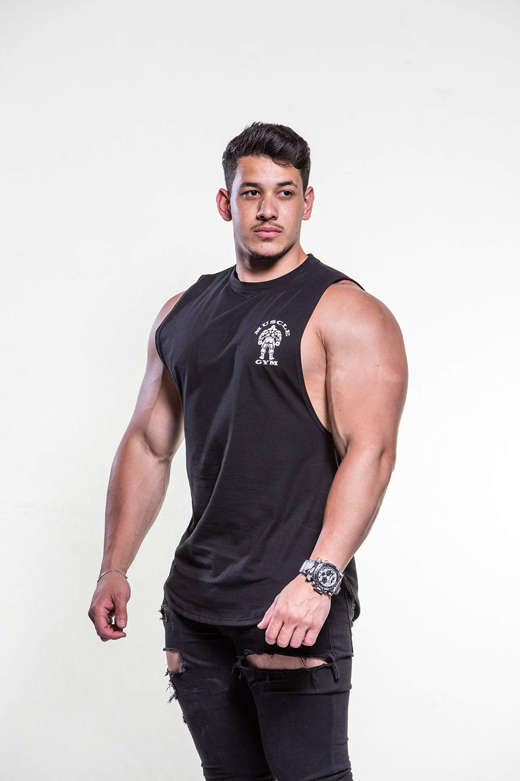 MUSCLE GYM Mens Sleeveless T-Shirts Drop ArmHole Tank Muscle Fit T-Shirt Gym Fitness Black