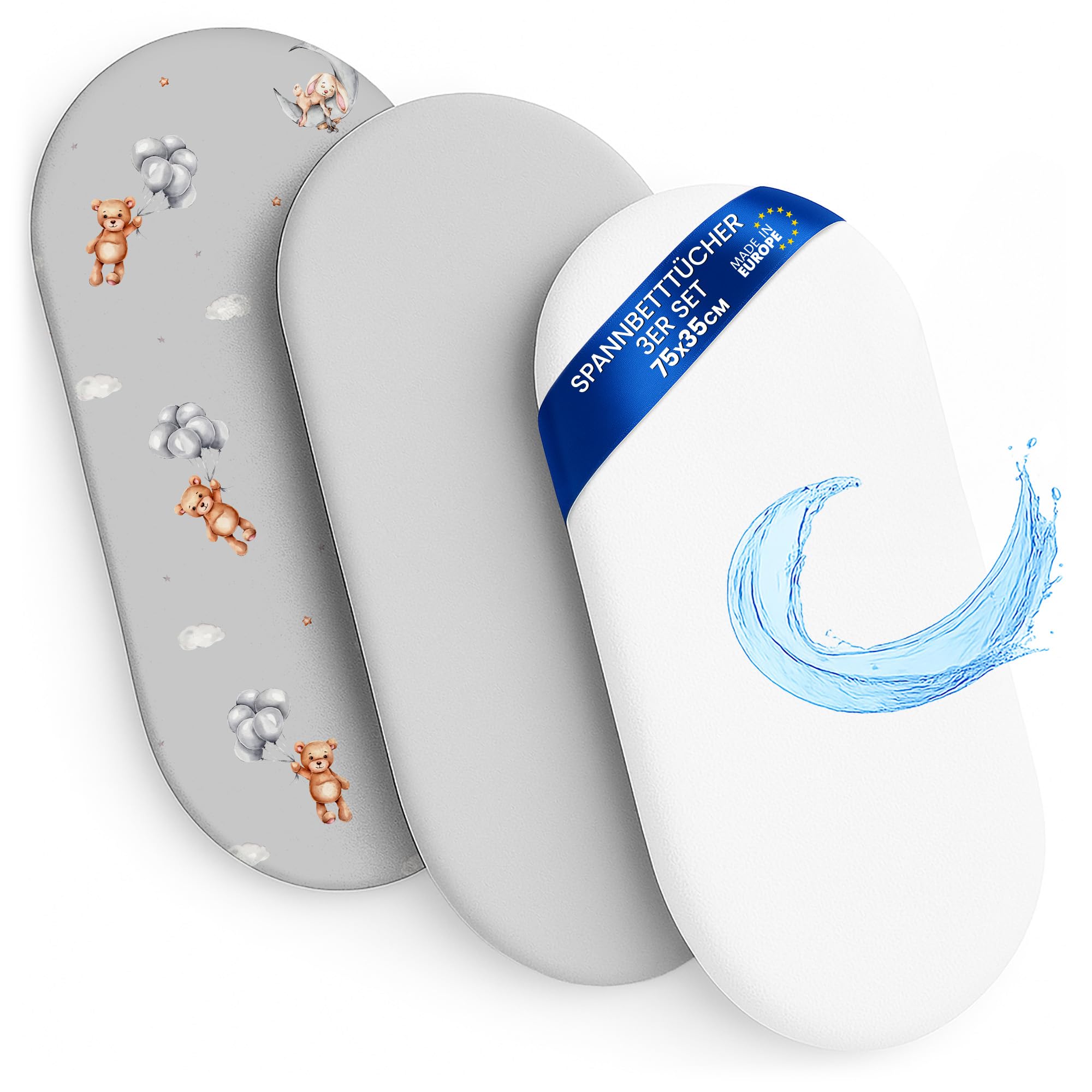 Spannbettlaken Kinderwagen Baby Spannbetttücher 3er Set: 35x75 cm - 2X Bettlaken + 1x wasserdichter Matratzenschoner - Babybett Zubehör für Kinderbett Beistellbett Stubenwagen 35 x 75