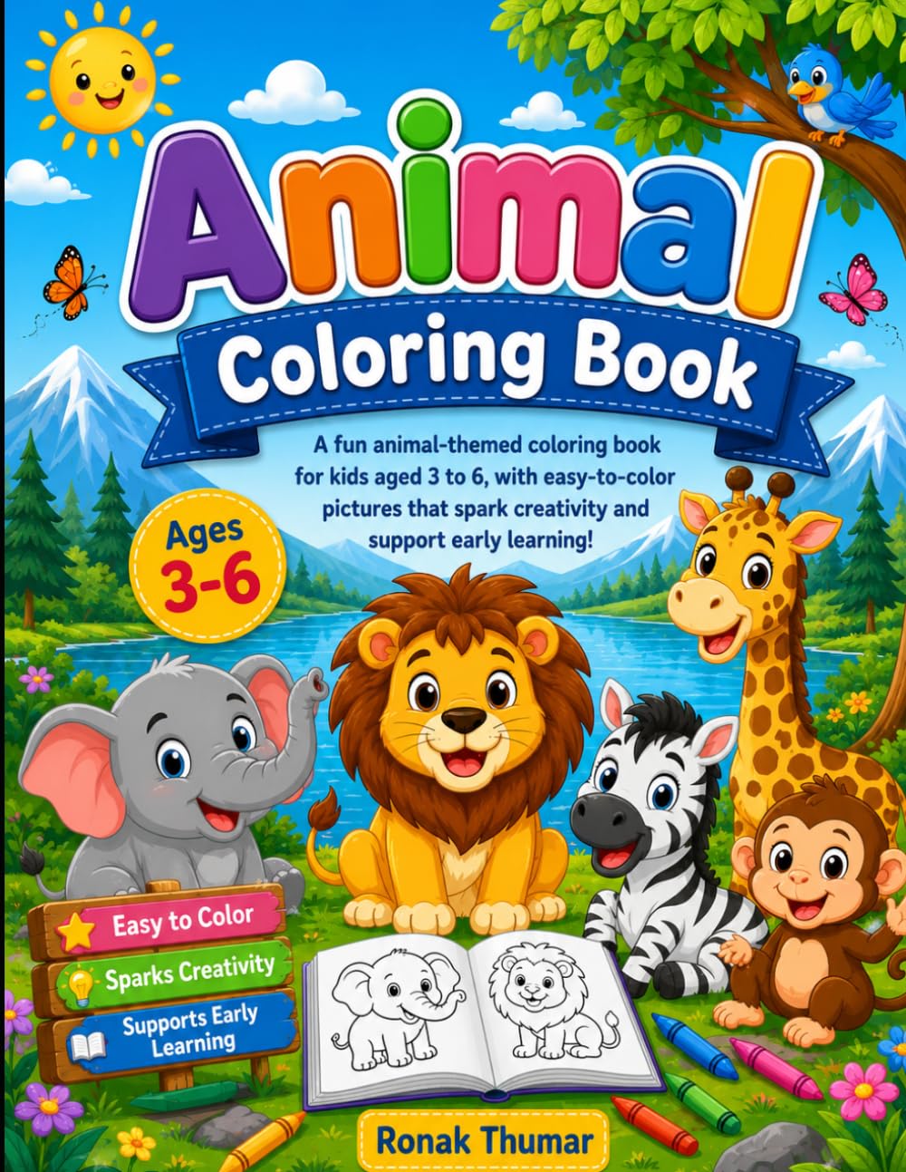 Coloring book for kids ages 3-6: Fun and Easy Coloring Book with Cute Animals and Simple Animal Descriptions for Toddlers and Preschool Kids