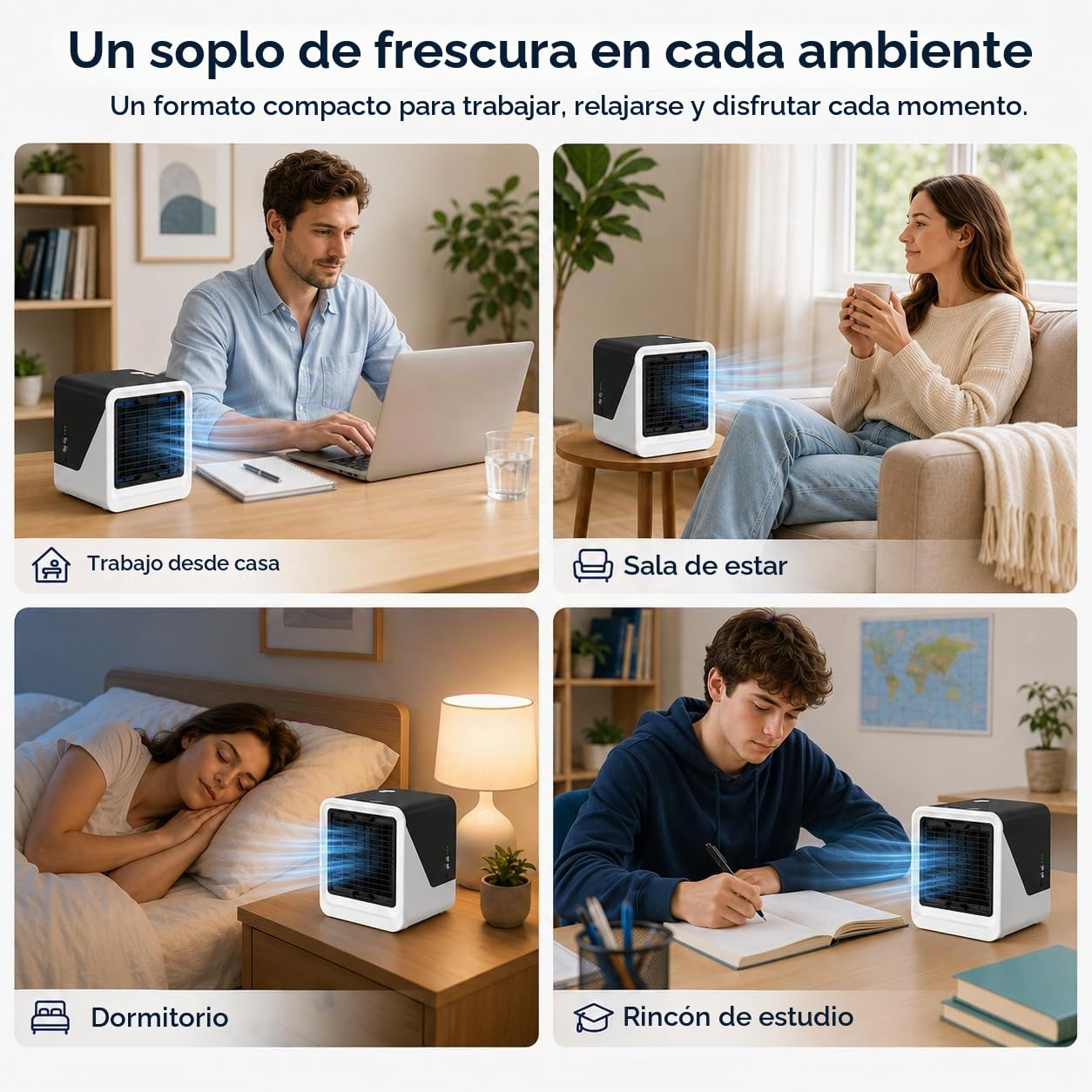 Mini Aire Acondicionado Portátil sin Tubo, Ventilador de Aire Frío 3 en 1 con Luz Nocturna, Enfriador Personal Silencioso de 3 Velocidades para Habitación y Escritorio