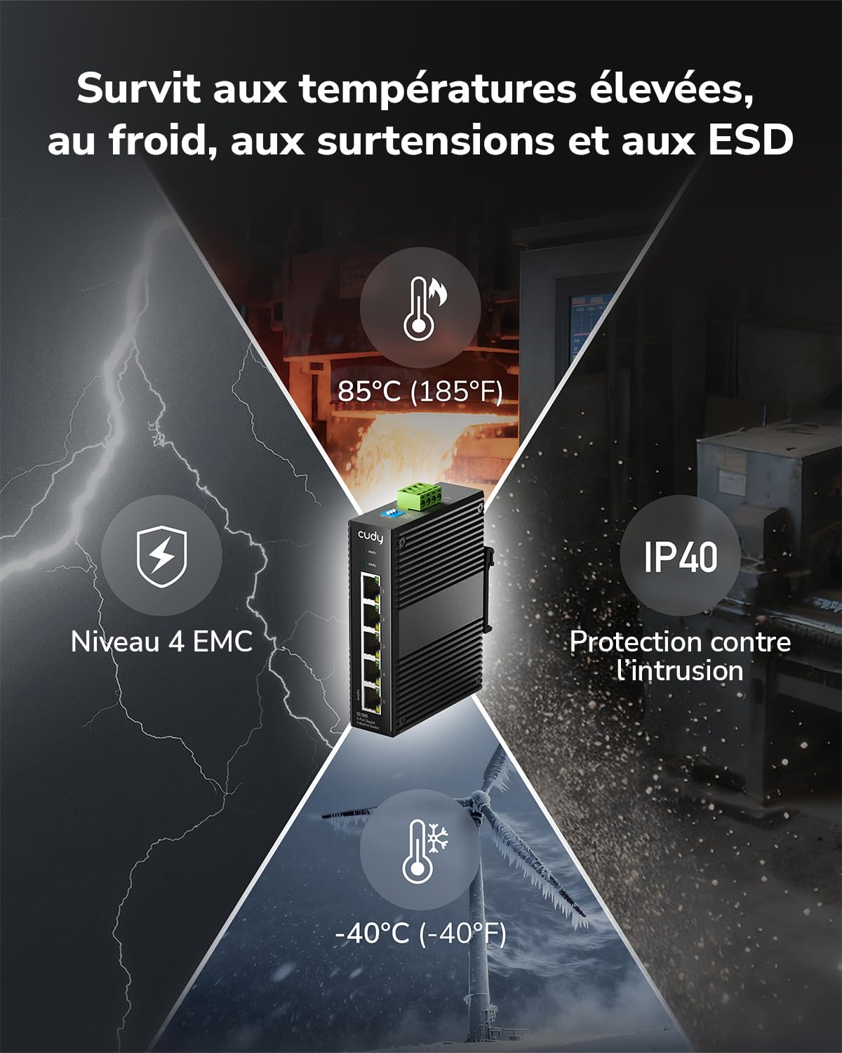 Cudy Switch Industriel 5 Ports Gigabit, Rail DIN IP40, Protection Contre l'inversion de polarité et Contre Les Courts-Circuits, prévention des tempêtes Broadcast, IG1005 | 5 ports GbE robustes, isolation des ports / mode DIP 250 m, Plug & Play, IP40, -40