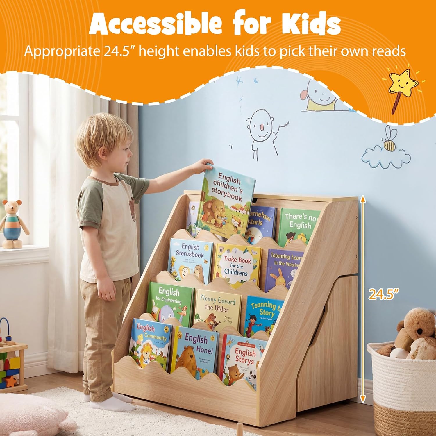 Costzon 2-in-1 Kids Bookshelf, Cute Toy Storage Organizer w/Rolling Drawer Cart, 4 Tier Book Shelf, Flip-Open Top, Toddler Book Stand & Toy Holder for Playroom, Nursery, Daycare, Kids Room (Natural)