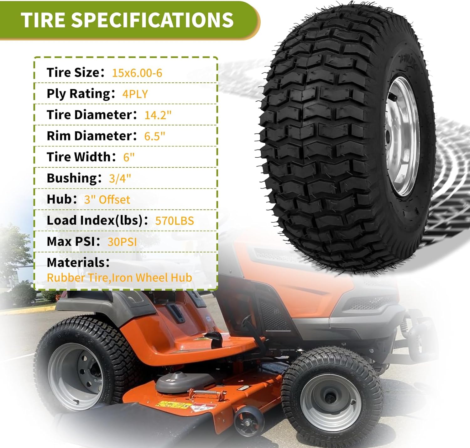 15x6.00-6 Lawn Mower Tire & Wheel Assembly, Front/Rear Replacement for John Dee re, Craftsman, Hus qvarna Riding Lawn Mowers and Tractors, 2-Pack