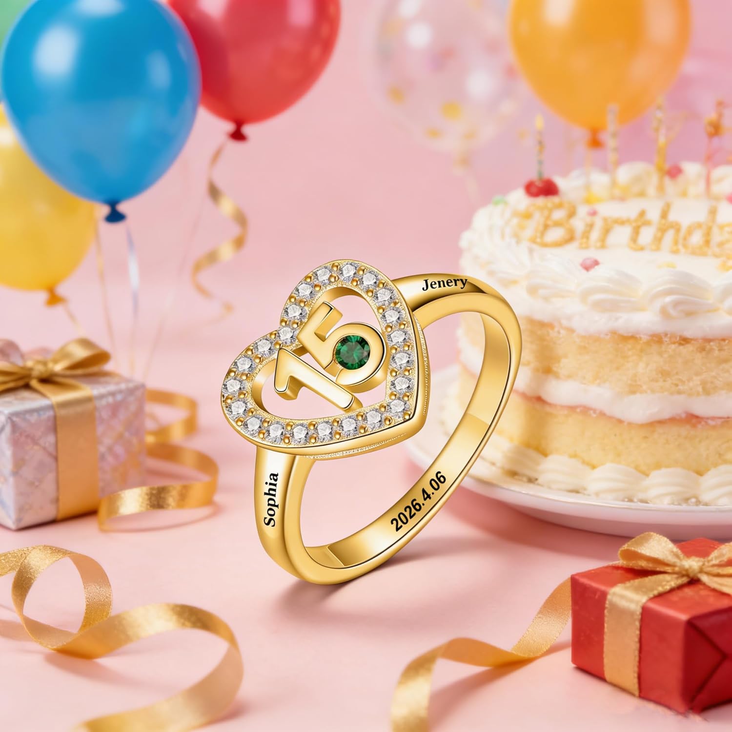 Personalized Sweet 15th Ring with Birthstone Custom Engraved Name Fifteen Heart Ring Gift for Women Birthday Christmas
