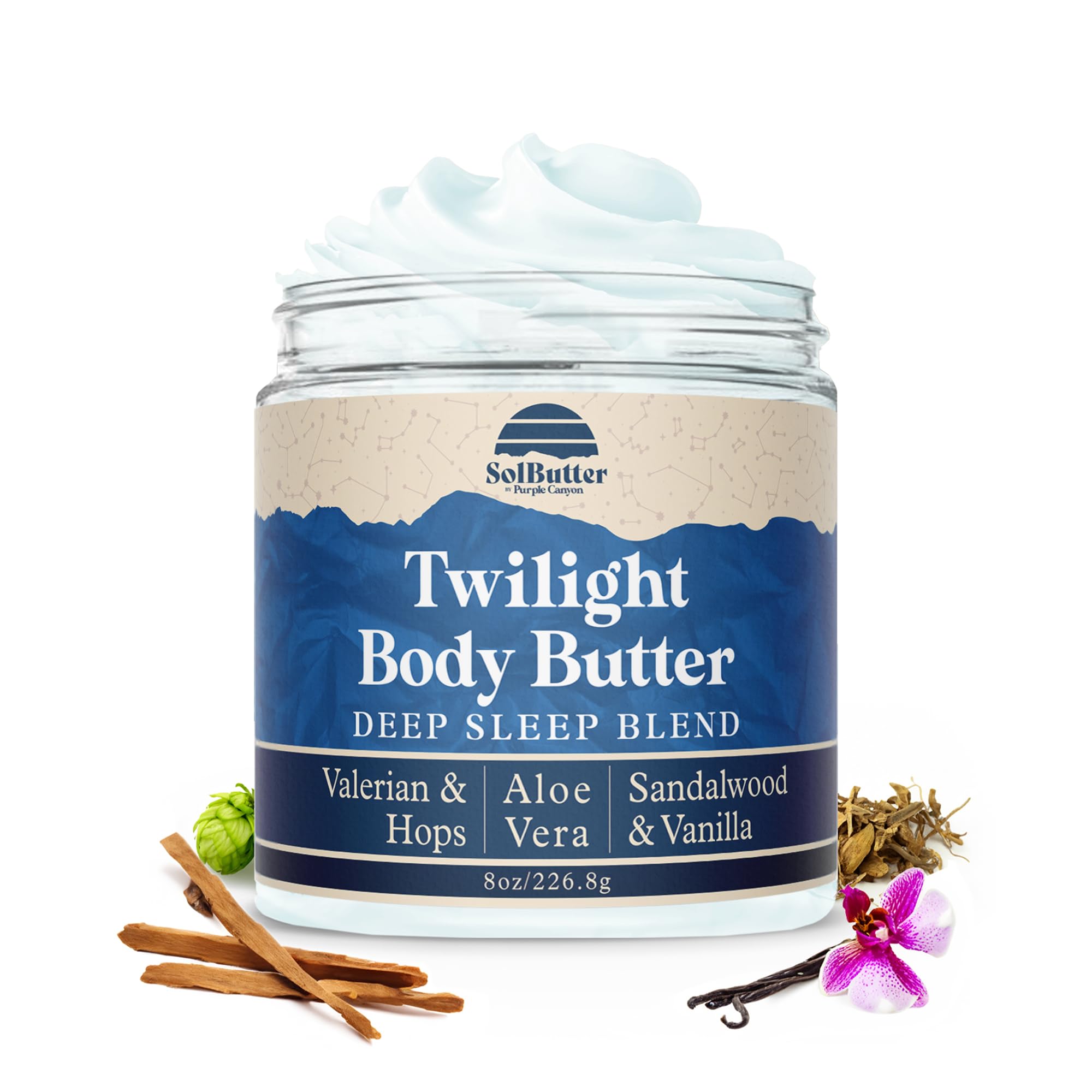 PURPLE CANYON New Look Twilight Whipped Body Butter 8oz | Vanilla Sandalwood Scent | Skin Care with Hops & Valerian Root