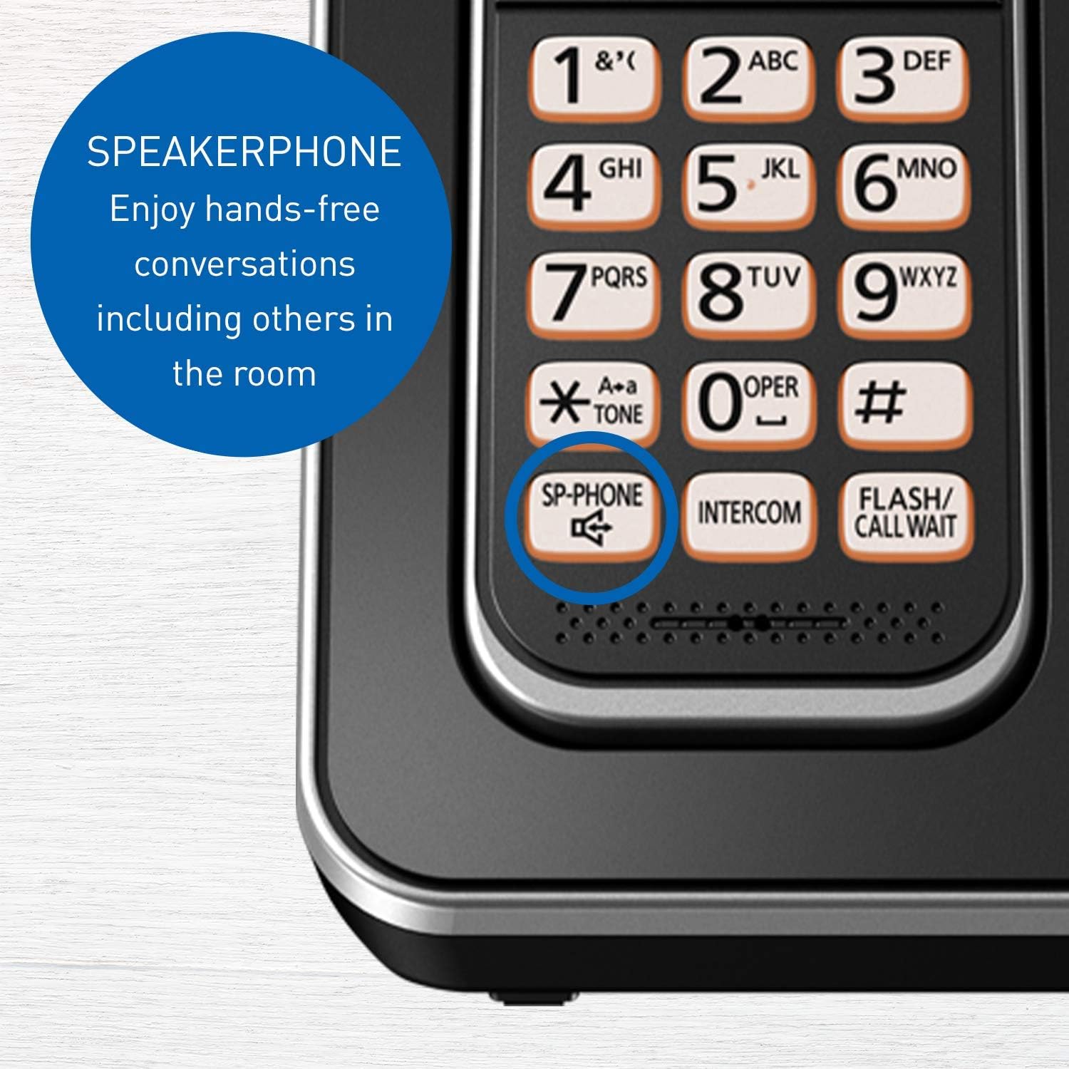 Close-up of the Panasonic Cordless Phone handset showing the speakerphone button.