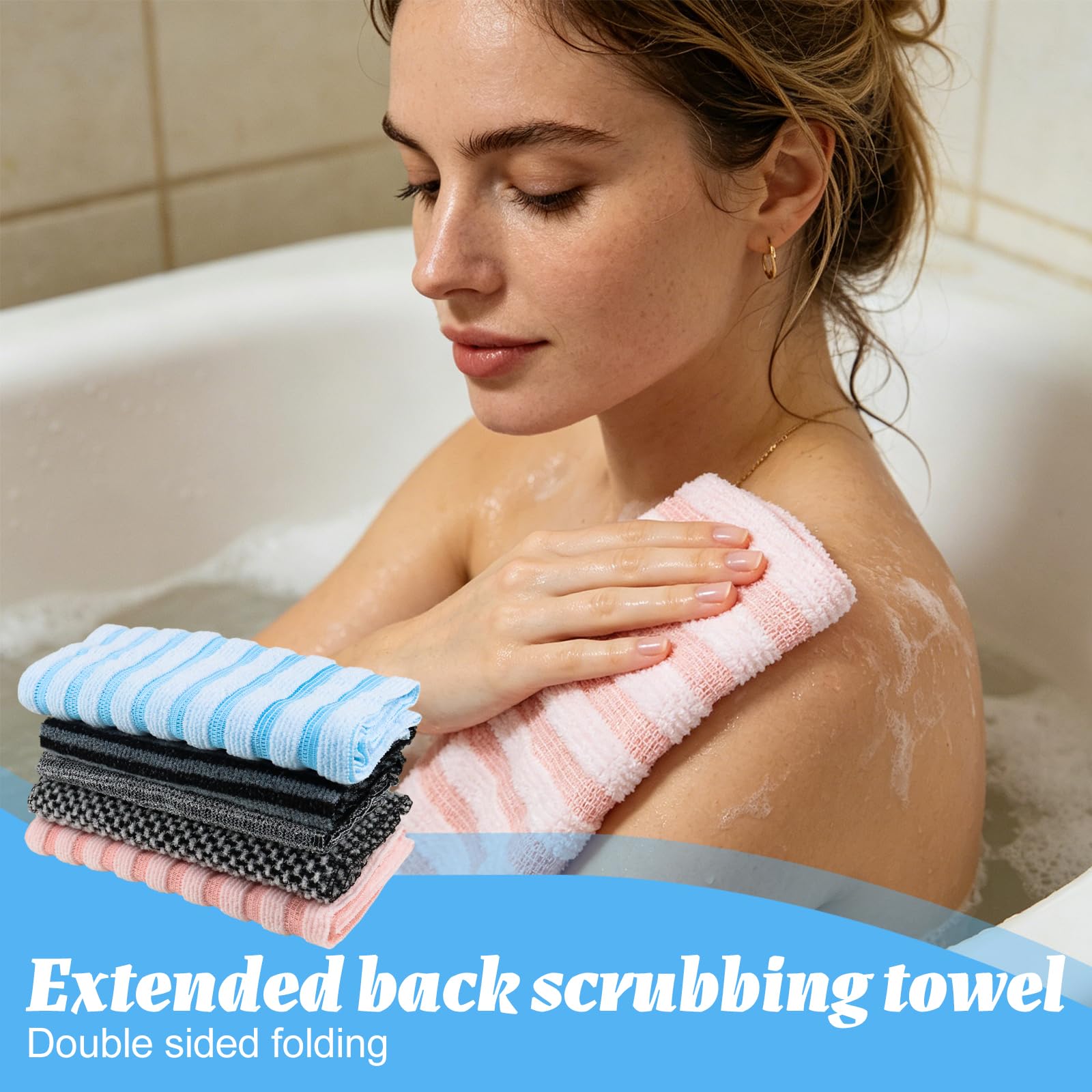 5 Pièces Serviette Exfoliante Douche,Serviette Exfoliant pour le Dos 25 × 100 cm,Serviette de Douche Exfoliante Japonaise,Débarbouillettes pour Homme Femme,Lave Dos Long pour Corps,Dos,Bras et Jambes