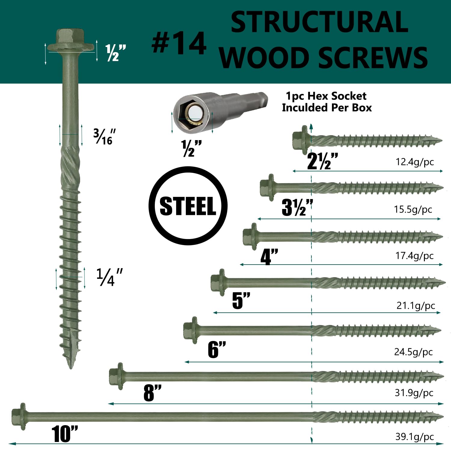 Tornillos de madera #14 x 10 pulgadas, tornillos de madera estructurales resistentes con revestimiento exterior verde resistente al óxido, tornillos largos de madera para construcción, paisajismo