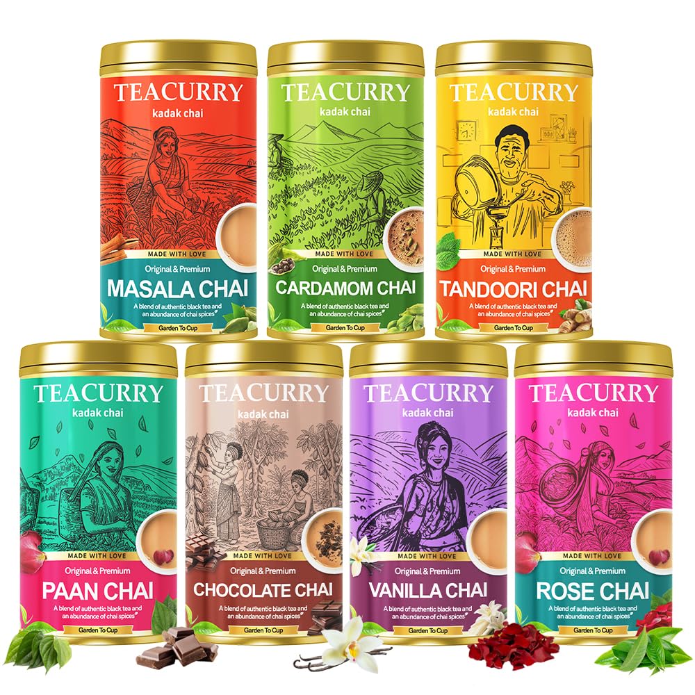 TEACURRY Combo of 7 Premium Chai Teas (7 x 100g Each) – Masala, Cardamom, Tandoori, Paan, Chocolate, Vanilla & Rose Chai | Natural Flavoured Assorted Combo-image-25