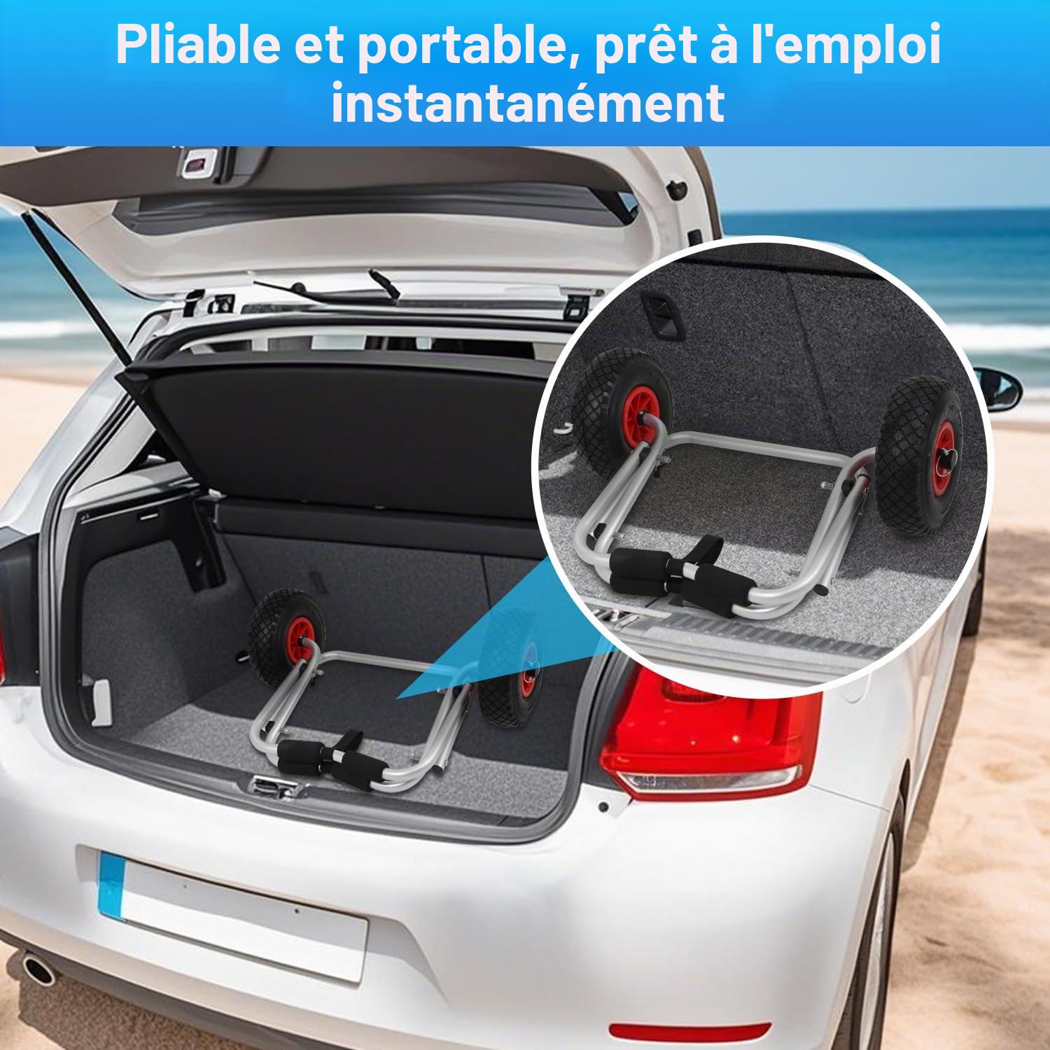 Chariot de kayak en aluminium, pliable jusqu'à 80 kg, chariot de transport pour bateaux, canoë ou kayak, chariot de bateau avec sangles de tension, chariot de kayak portable, remorque de