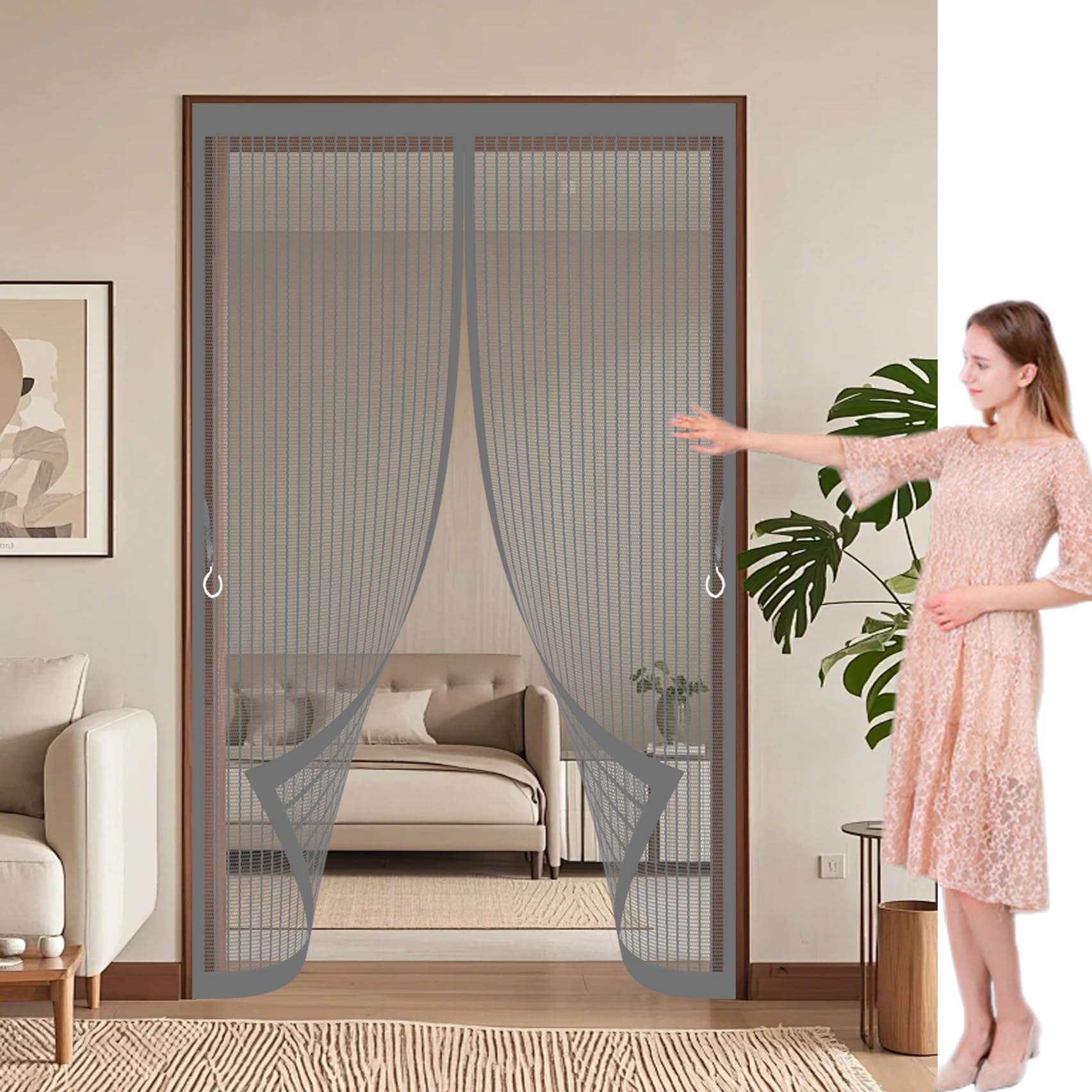 Xueqxue Grey Magnetic Screen Door 135 X 135 Cm Automatically Close, No Gap, Easy To Install Without Drilling, Keep Bugs Out Lets Fresh Air In Mosquito Double Door For Patio Doors Balcony,