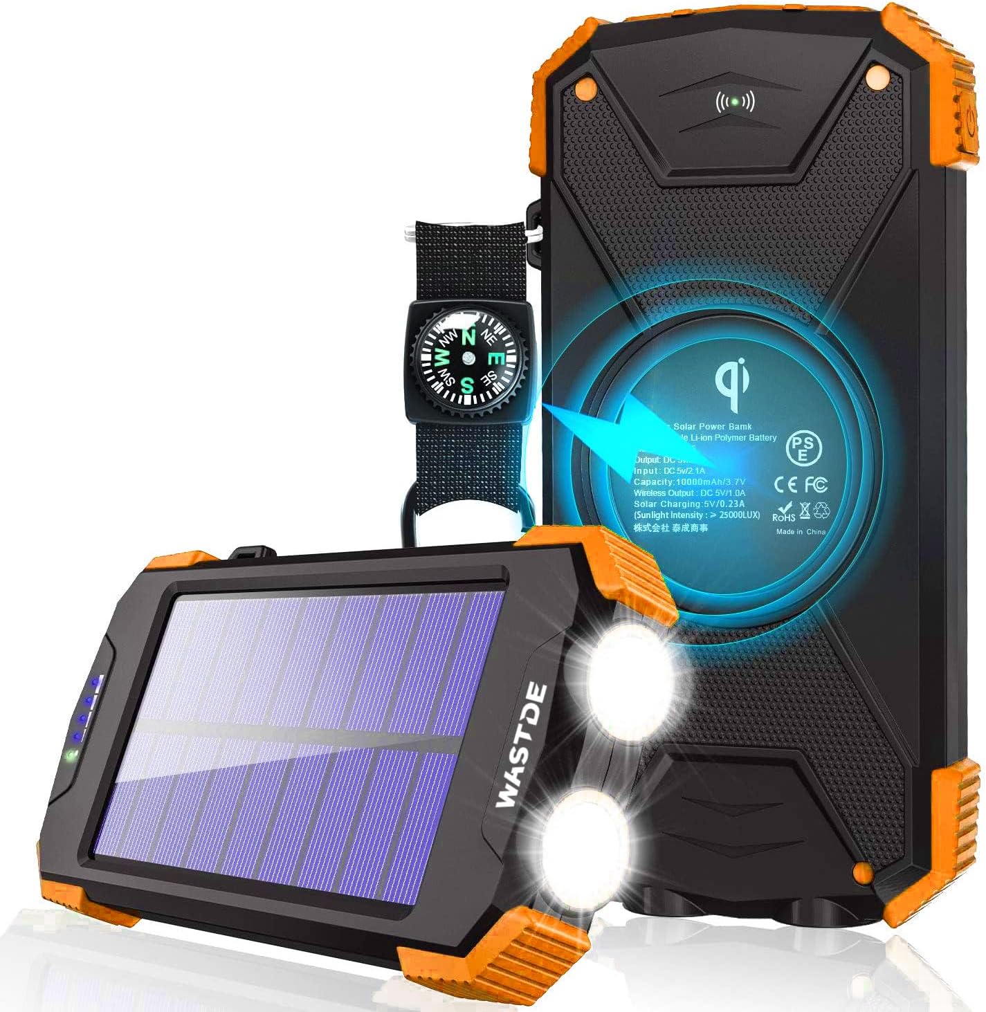 WASTDE Solar Power Bank 10000mAh, Portable Charger Qi Wireless USB C Fast Charging, Battery Bank with Solar Panel Built-in Dual Led Flashlights, Compass Carabiner for Camping Outdoors (Orange)
