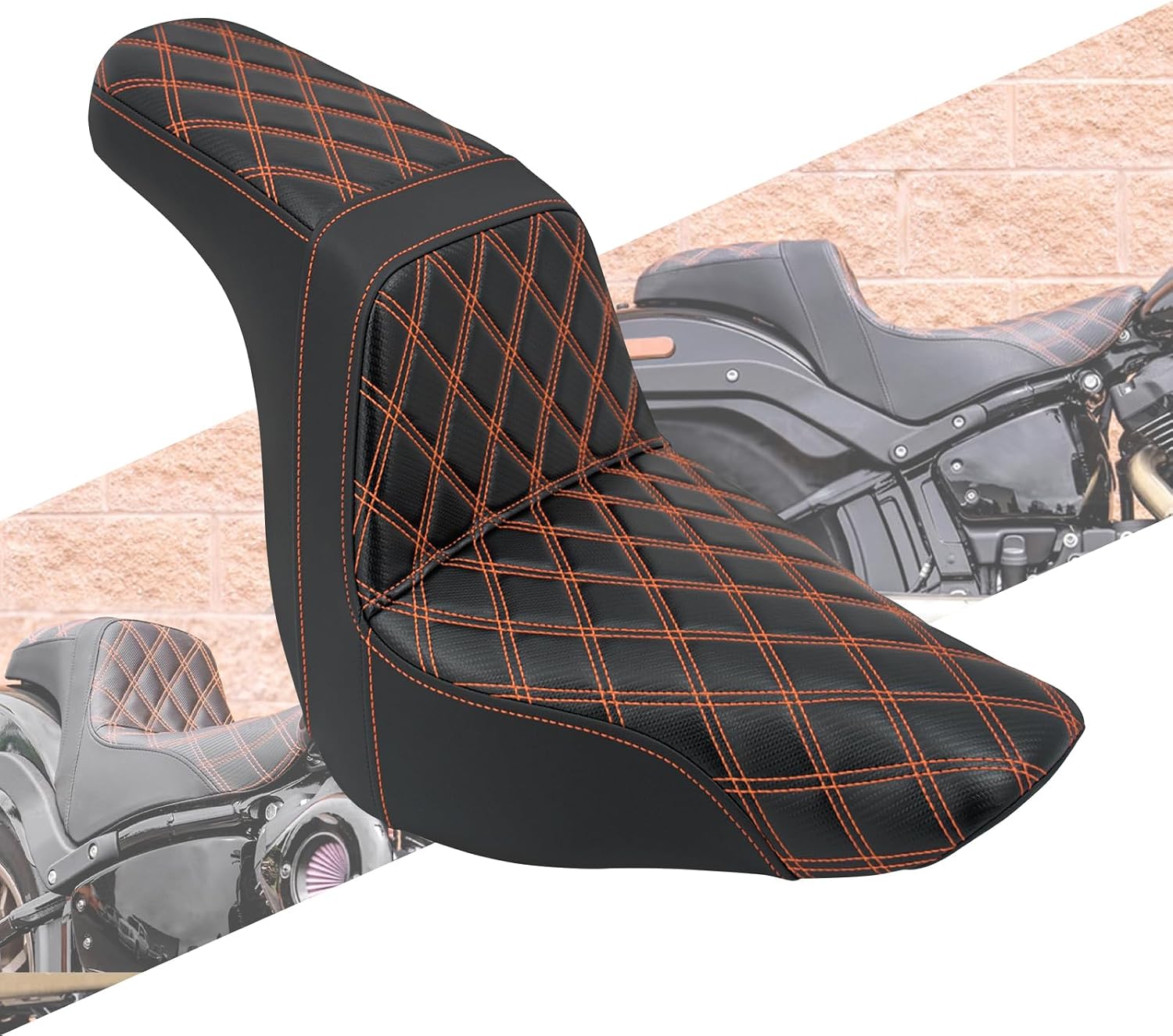 Driver Passenger Two-Up Seat Front Rear Cushion Fit For Harley Softail Low Rider FXLR FXLRS Sport Glide FLSB 2018-Up (Orange Stitching)