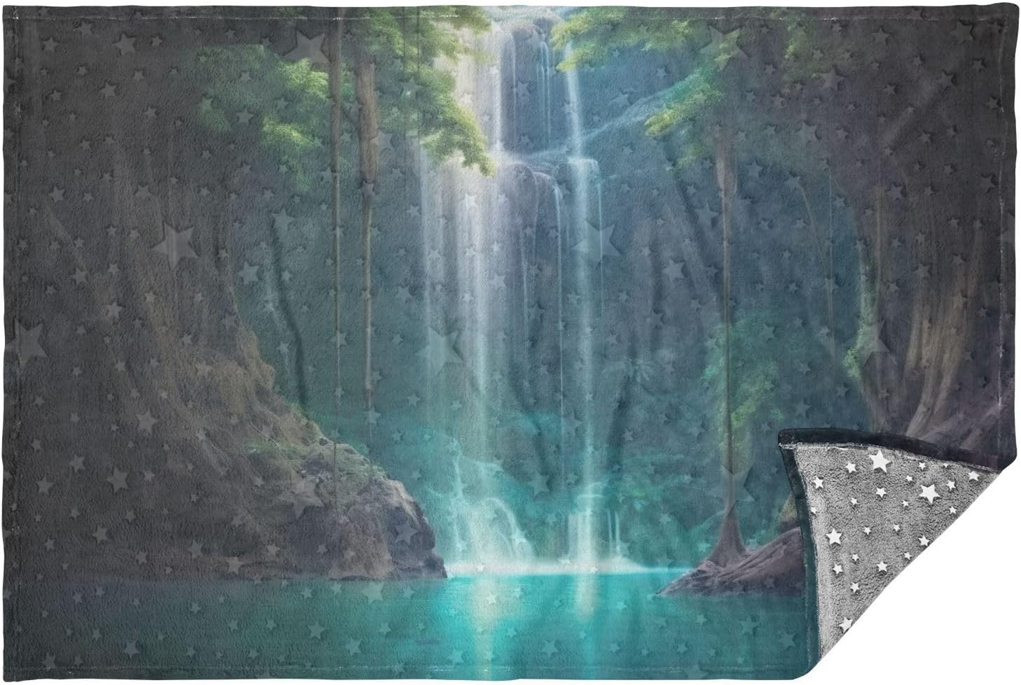 Cave Waterfall Landscape Travel Blanket Glowing in The Dark, Soft 2 in 1 Airplane Blanket 65" x 55", Foldable as Pillow, Luggage Sleeve & Backpack Clip