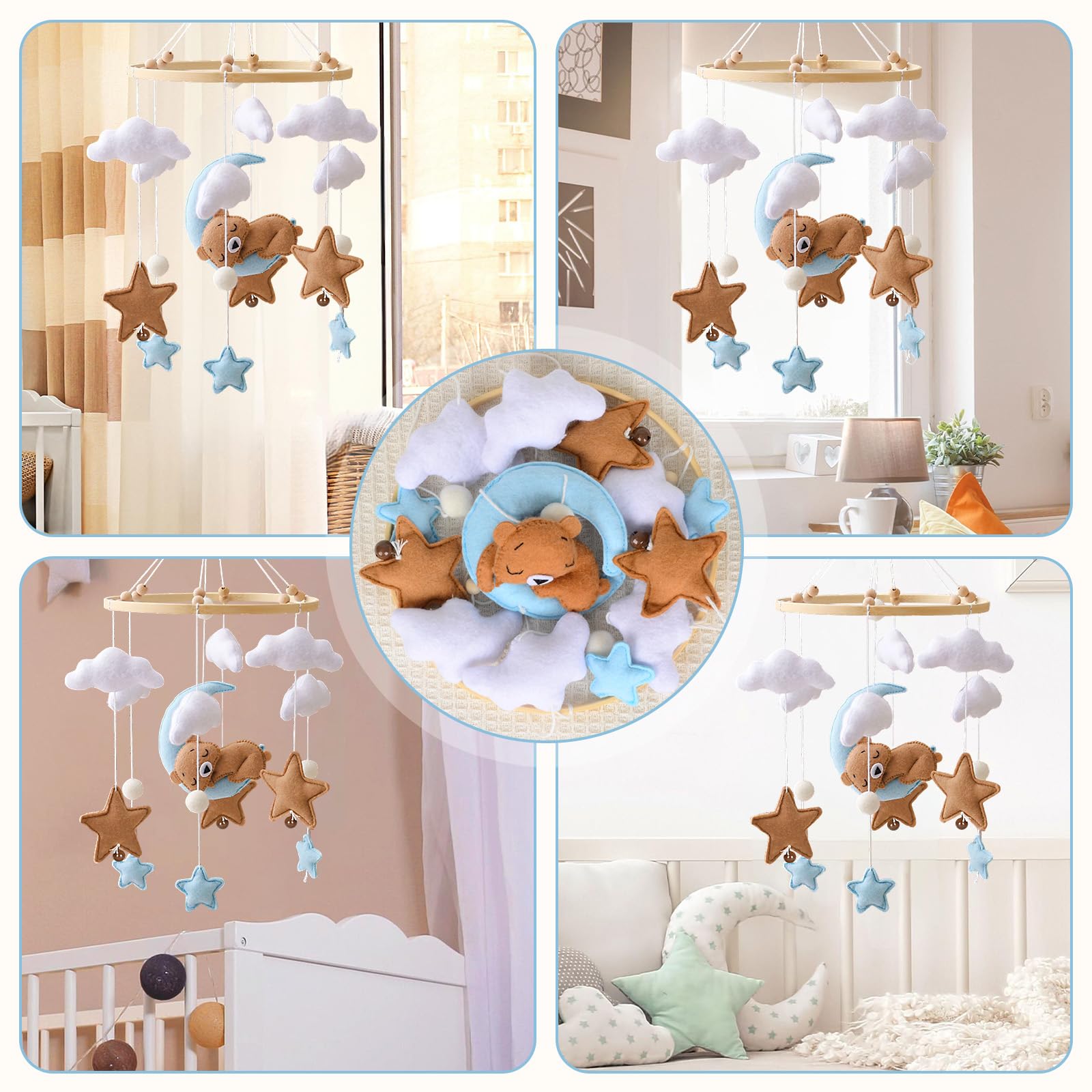 Baby Campanelli Eolici Mobile in Feltro Giostrina Culla Neonato Legno Orso Nuvole Luna Stelle Campane Decorazione Regali Neonati