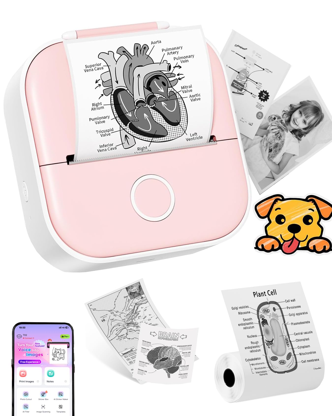 Ponek Mini Sticker Printer, T02 Mini Printer Sticker Maker, Pink | Sticker Maker Machine Bluetooth Thermal Inkness Note Machine, Gift for Kids, Study Notes, DIY Journal