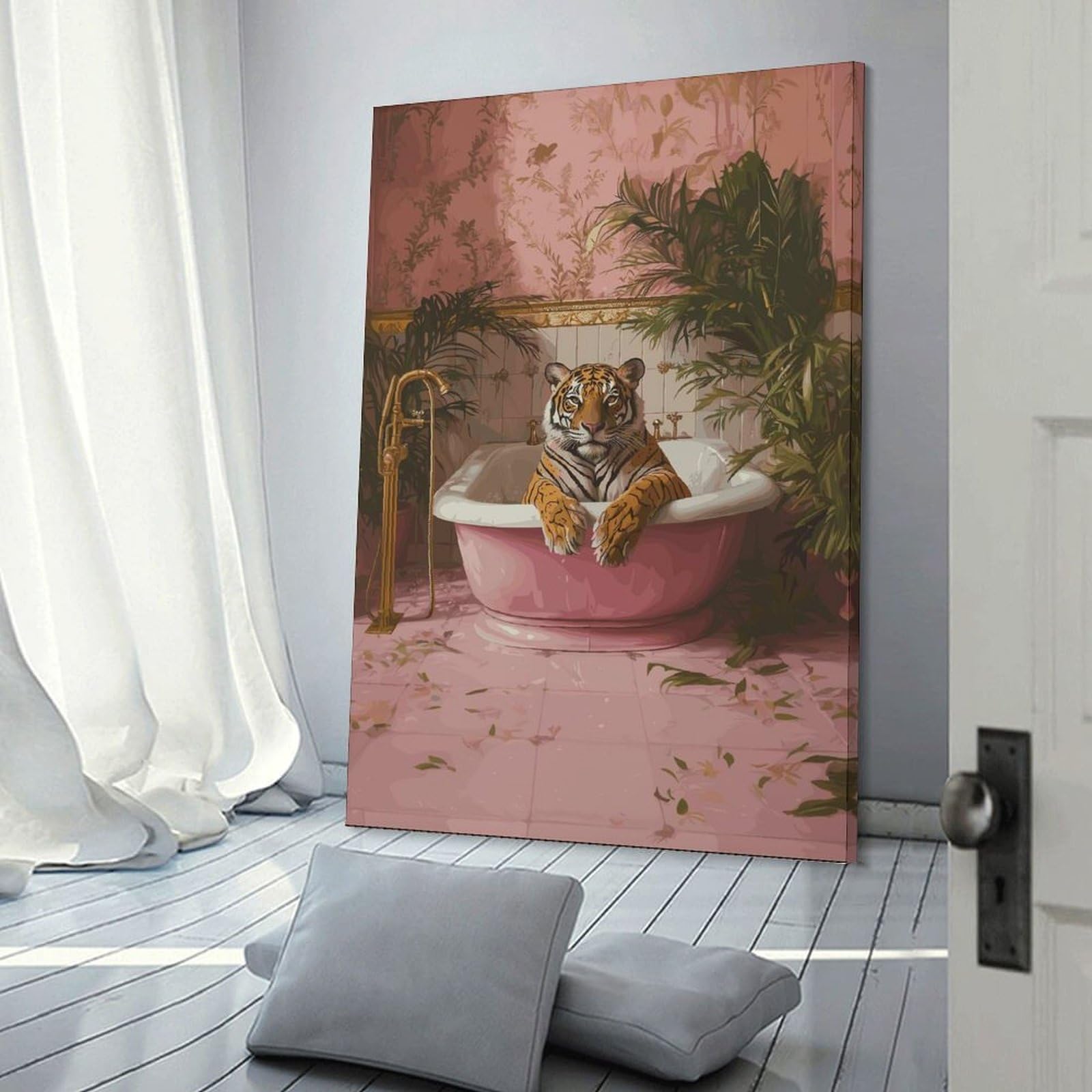 Junmoney Tiger in A Pink Tub Canvas Art Print 08x12inch(20x30cm), for New Homes, Bedrooms Or Workspaces, Gift Idea for Housewarming And Birthdays