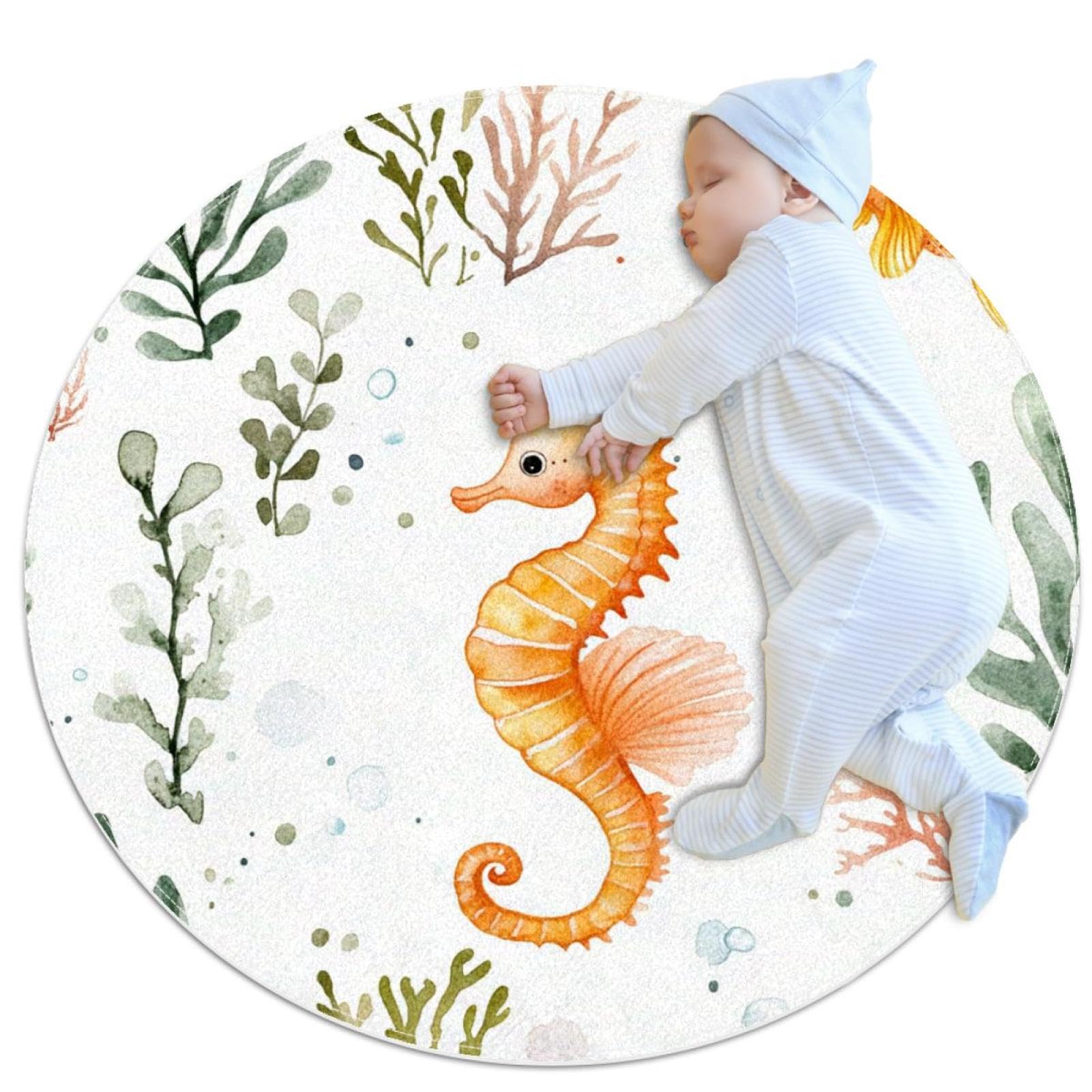 Tapis de salle de bain antidérapant rond 1m avec hippocampe et coraux