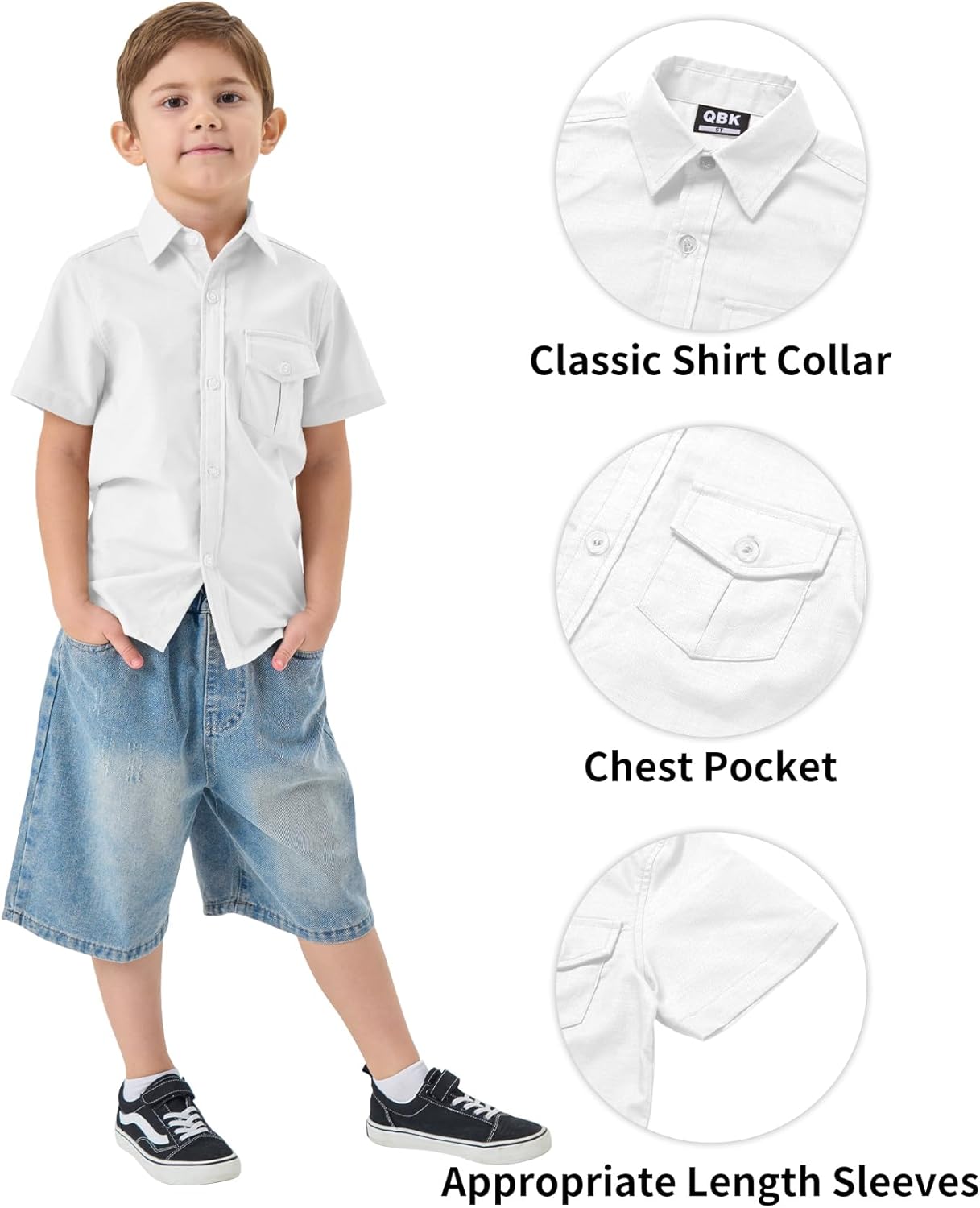 QBK Boys' Cotton Linen Short Sleeve Classic Button Down Shirts Boys Dress Shirt with Chest Pocket for 2T-16 Years - Image 4