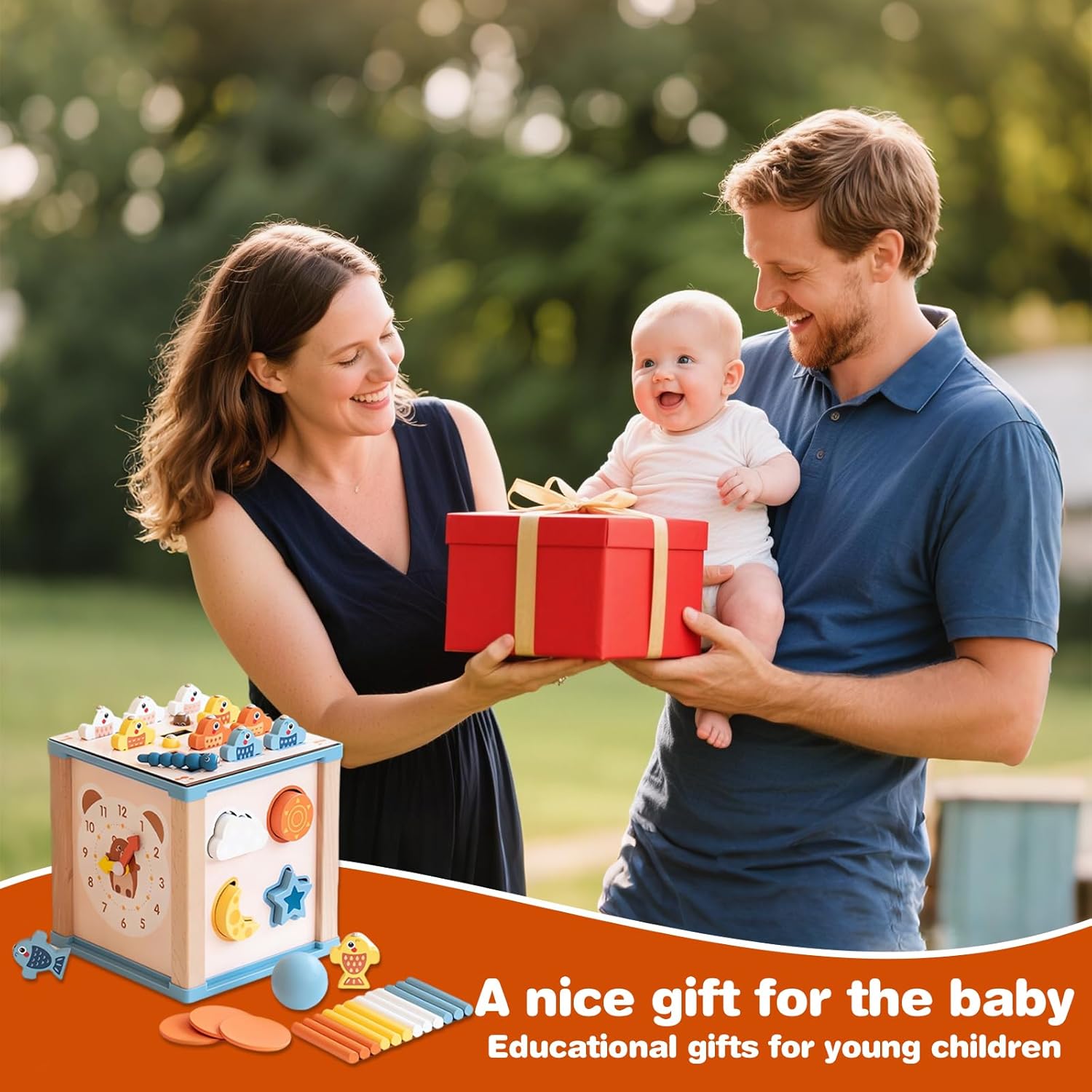 Wooden Activity Cube, 9-in-1 Montessori Toys, Year Old with Fishing Game, Educational Learning Toys, Educational Toddler Activities for 1 2 3 Year Old Christmas Birthday Gifts