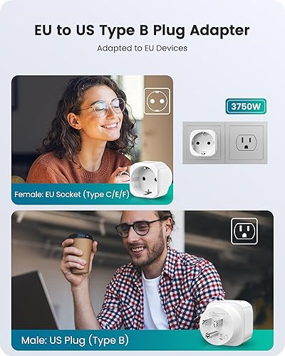 Miniatura 2 de LENCENT Paquete de 2 adaptadores de enchufe de Europa a EE. UU., adaptador de enchufe de salida estadounidense, adaptador de UE a EE. UU.,
