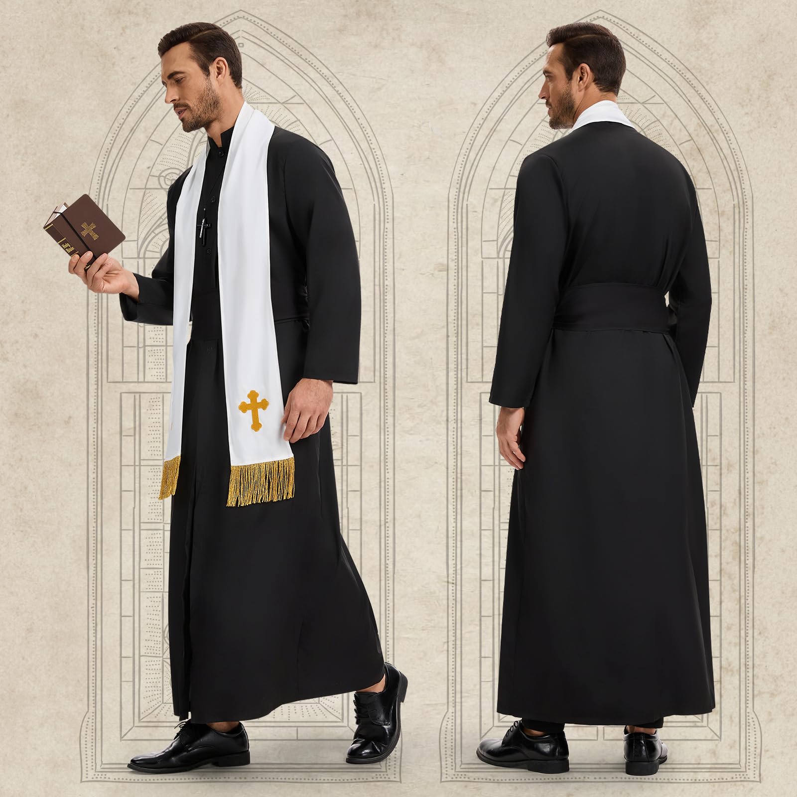 BuzzoXerex Disfraz Cura Hombre, Disfraz Halloween Hombre Adulto, Disfraz de Cura Hombre con Estola, Cadena con Cruz, Cinturón y Caja para Guardar la Biblia para Halloween Carnaval Cosplay