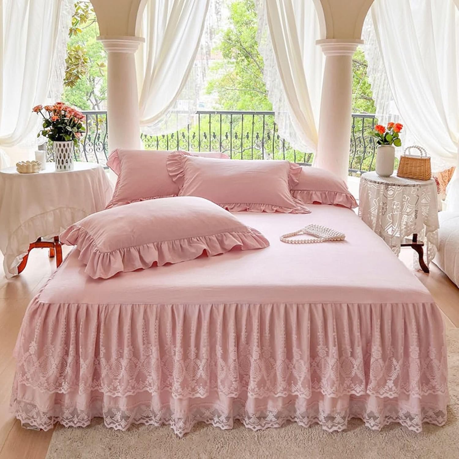 Beydodo Fitted Bed Sheets 150x200cm, Cotton Bed Skirt Ruffled Solid Pink with Lace, Bed Fitted Sheet for Dorm