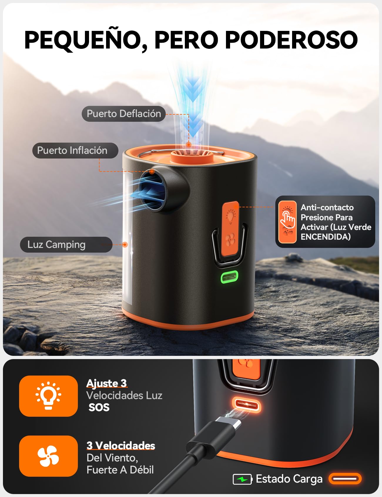 JOYROOM Hinchador Electrico Compacta para Colchón Inflable con Luz Campamento, 4,8kPa Recargable con Inflador Colchon Hinchable Batería 3600mAh, 6 Boquillas para Almohadas Inflables & Bolsas al Vacío