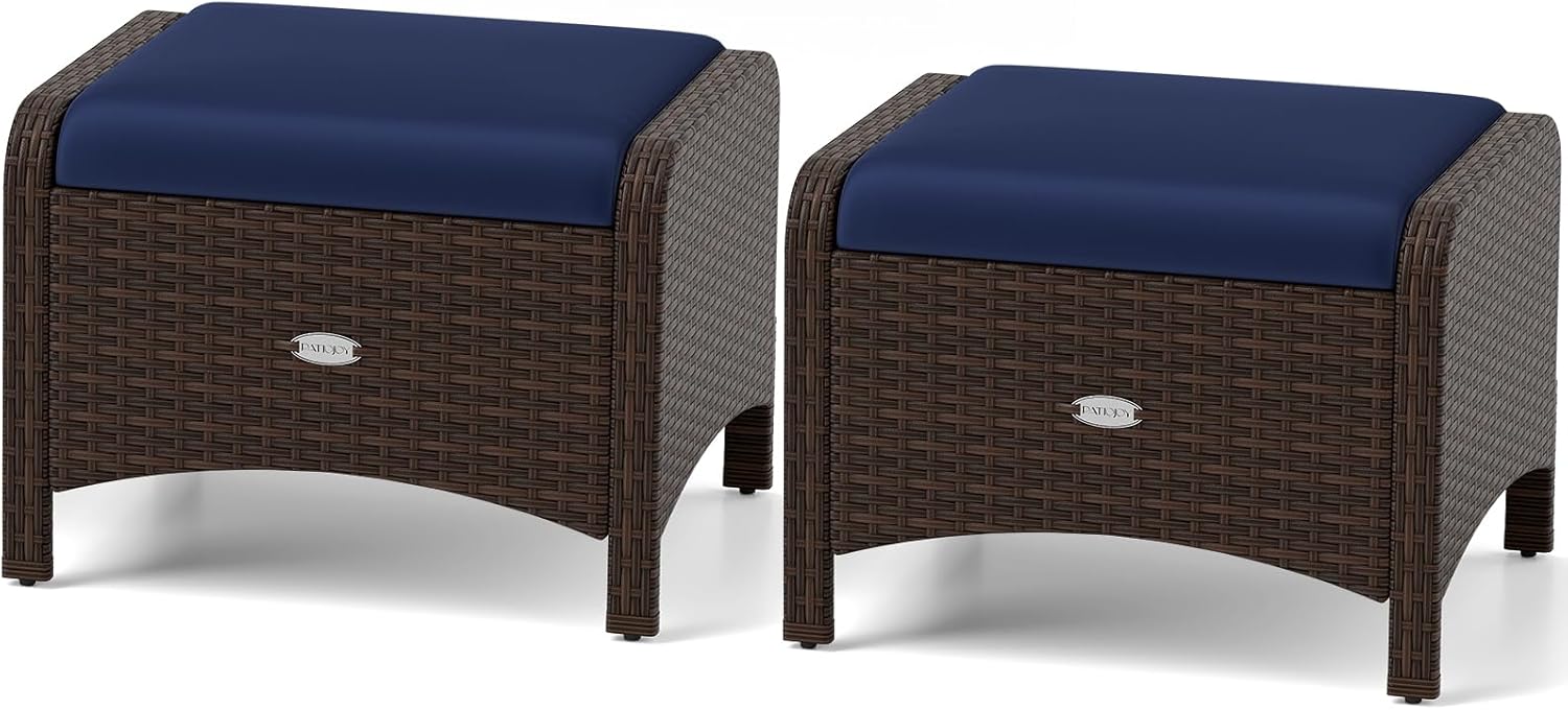 RELAX4LIFE Set of 2 Wicker Outdoor Ottomans with Removable Cushions - Patio Rattan Footstools, Footrests, Side Tables & Extra Seating (Navy)
