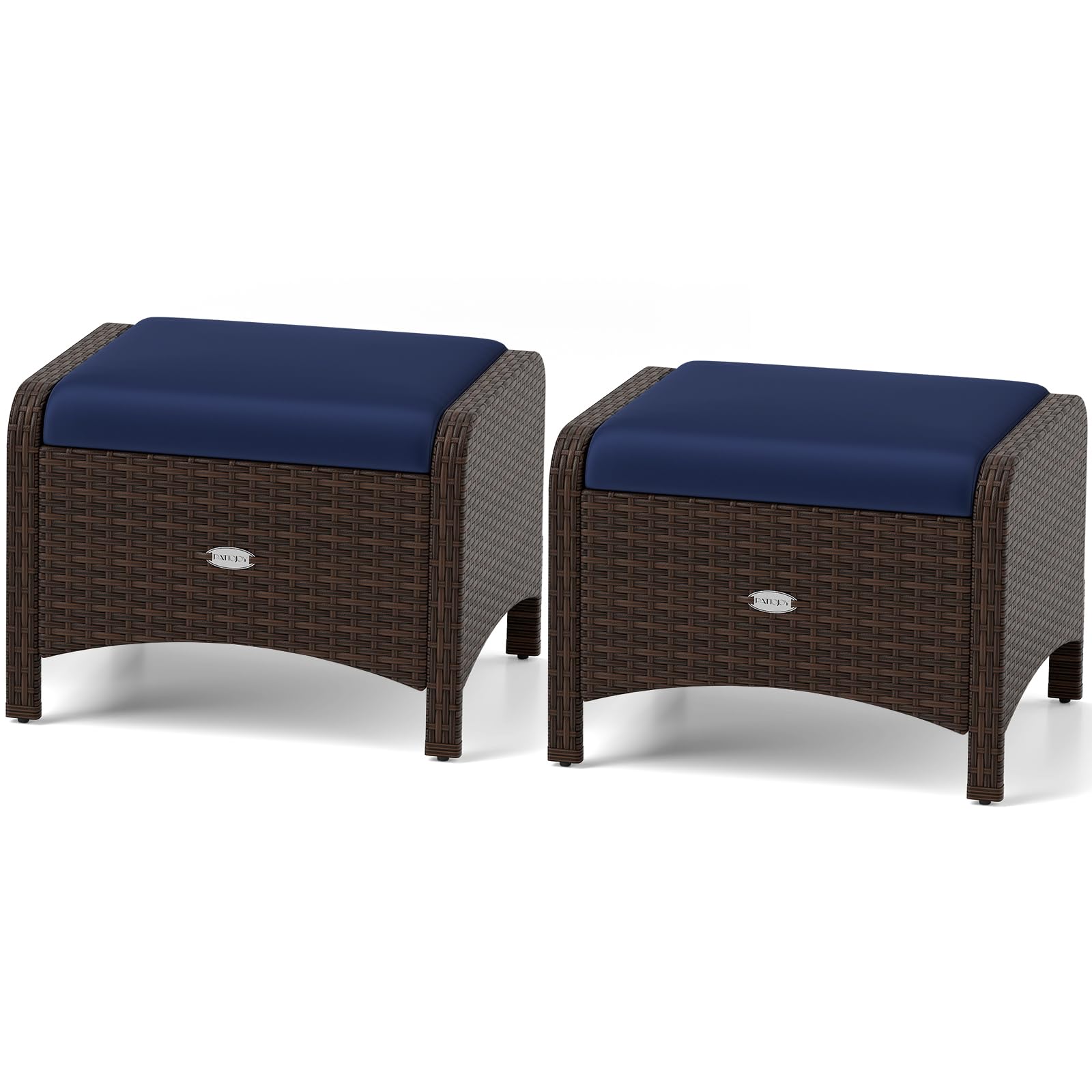 RELAX4LIFE Wicker Outdoor Ottomans for Patio - Set of 2 Rattan Footstools w/Removable Cushions, Multipurpose Outside Foot Rest, Side Table &