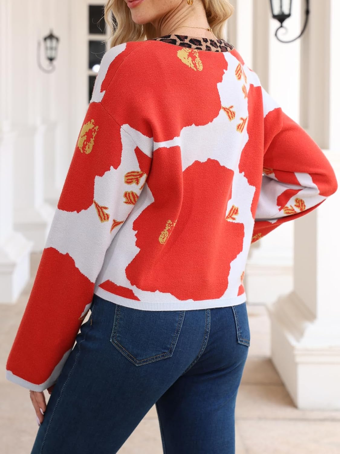 Floral Cardigan Sweater Women's Long Sleeve Leopard Open Front Knit Jacket Button Down Fall Casual Outwear - Image 3