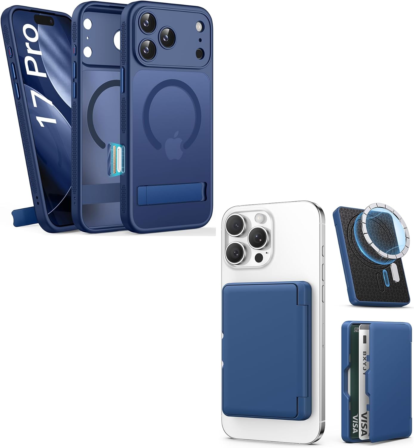 for iPhone 17 Pro Magnetic Stand Case with Blue Magnetic Wallet, Camera Control Button, Full Lens Protection, Compatible with MagSafe, Military Grade Case for iPhone 17 Pro, Blue