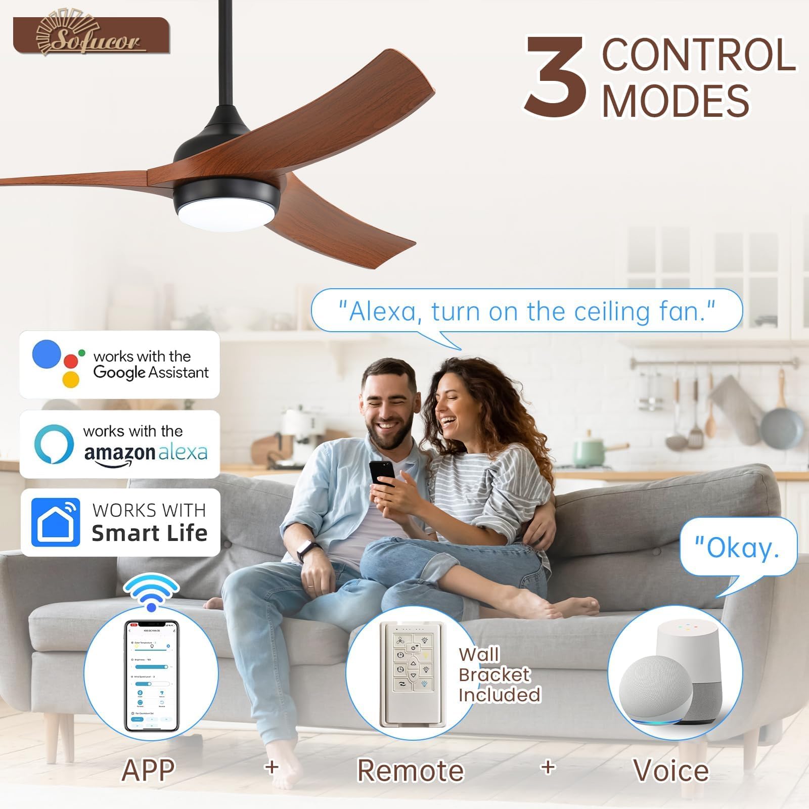 Sofucor 52 Inch Smart Ceiling Fan, Work with App/Alexa/Google, Outdoor Ceiling Fan with Lights Remote Control, Dimmable Airflow 6000CFM ABS 3 Blades Reversible DC Motor for Living Room Bedroom Patio