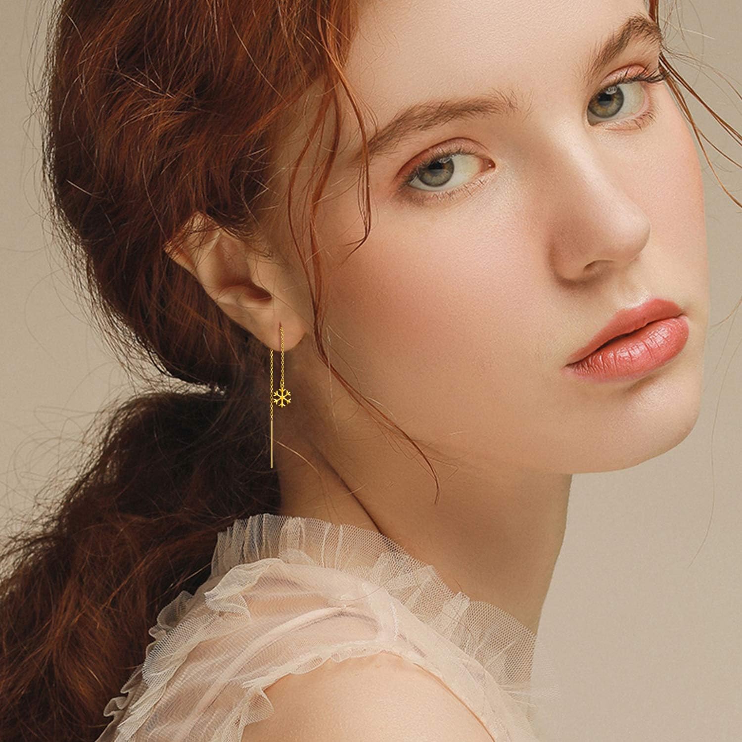 18K Solid Gold Snowflake Dangle Threader Earring for Women, Real Gold Drop Ear line Earrings Jewelry Anniversary Birthday Gifts for Her, Wife, Mom