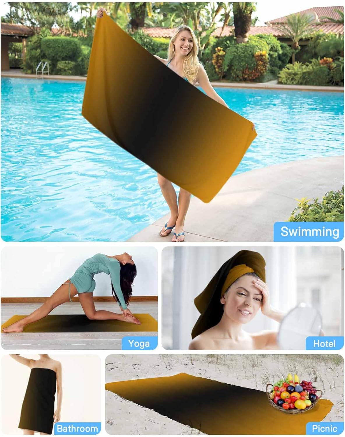 Black Orange Beach Towel - 35x71 inch Sand Proof Water Absorbent Travel Towel for Adults,Gradient Solid Color Minimalist Art Quick Dry Pool Towel Travel Camping Blanket for Yoga Bathroom
