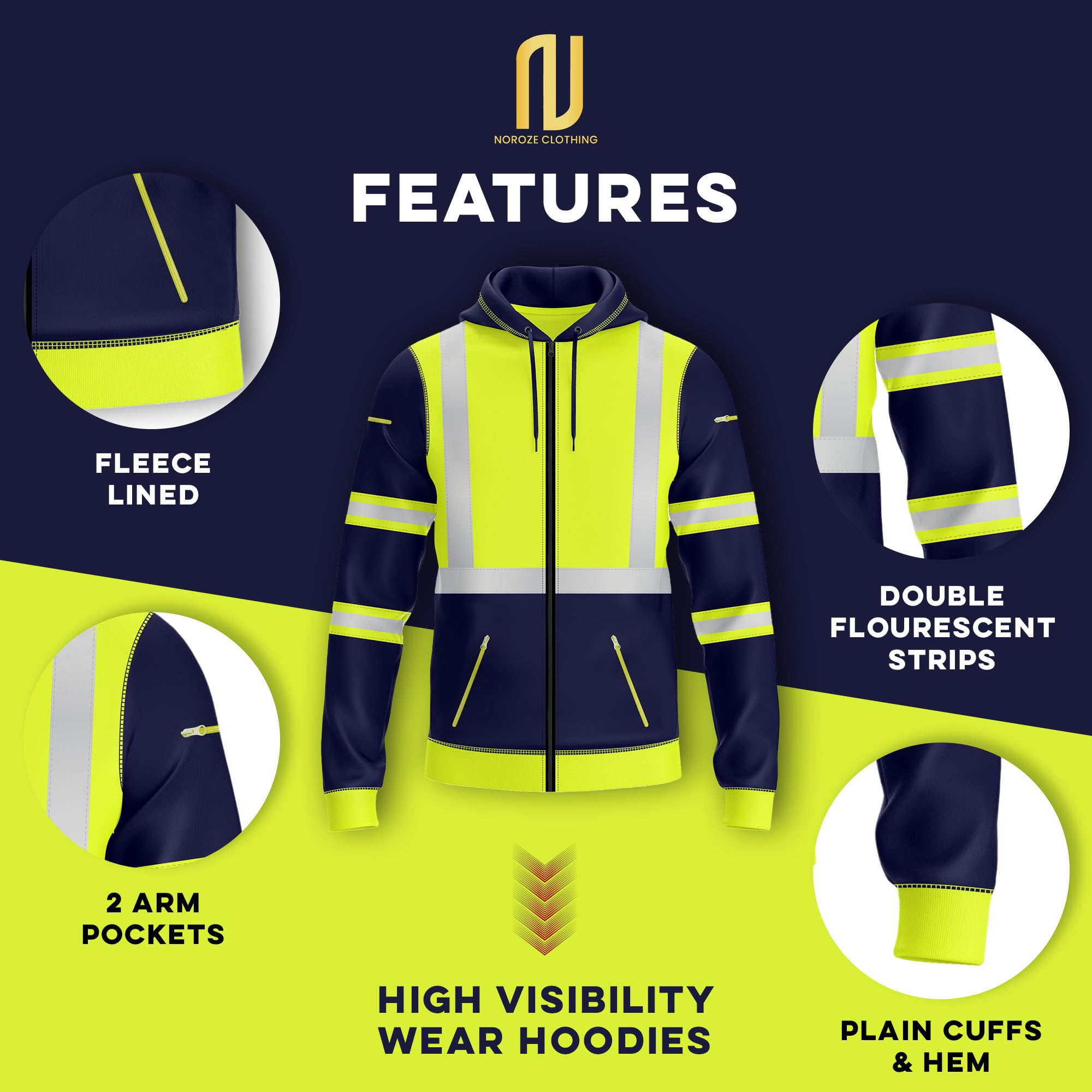 NOROZE Felpa da Uomo Hi-Viz con Zip Frontale con Nastro Riflettente ad Alta visibilità Cappotto di Sicurezza con Cerniere utilità per Telefono e Tasche per Gadget Felpa Top Jacket Taglia S-XXL