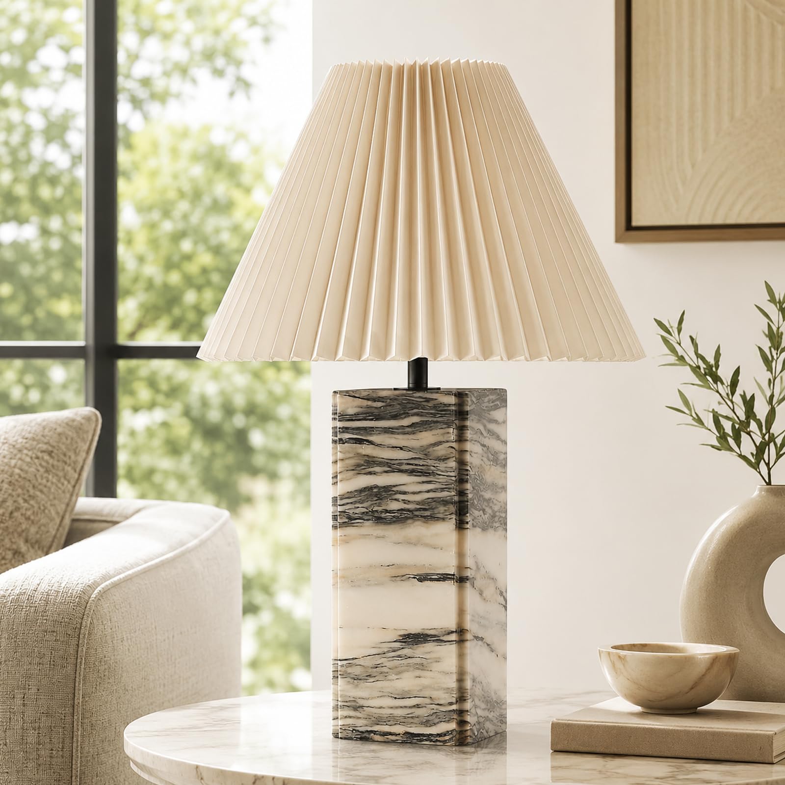 Lámpara De Mesa De Mármol Recargable Sin Cables, Regulador Táctil, Pantalla Plisada Beige De Tela, Moderna De Piedra Auténtica, Casquillo E27, 3 Temperaturas, Para Mesita, Dormitorio, Salón