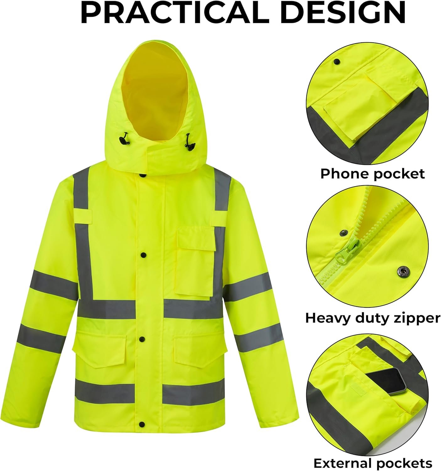 wantdo Safety Rain Jacket for Men Reflective, High Visibility Waterproof Rain Coat with Detachable Hood - Image 4