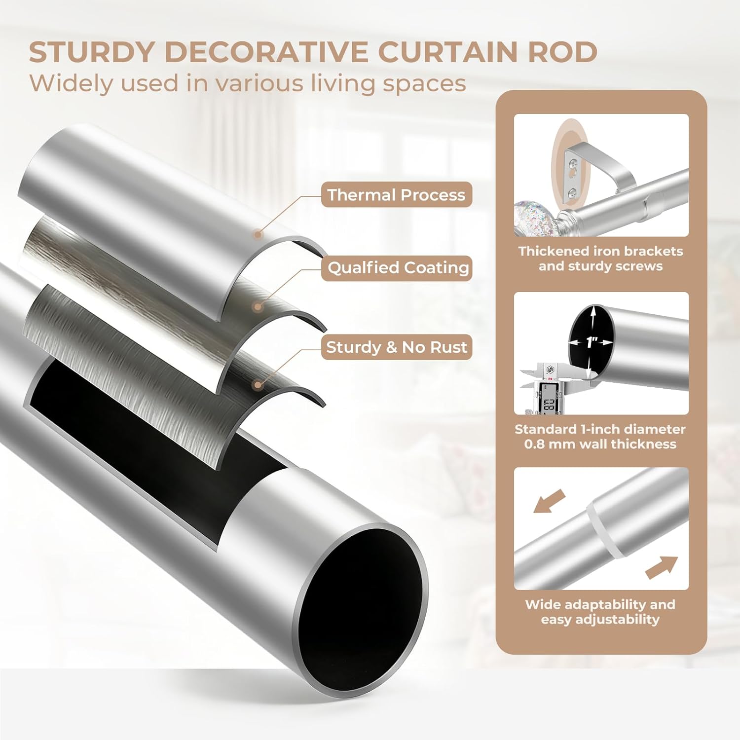 TVWOO Silver Curtain Rods for Windows:1Inch Adjustable Heavy Duty Curtain Rod 36-88",Modern Crystal Decorative Drapery Rods for Bedroom/Living Room,Antique Silver Single Rod Set with Bling Foil Finial