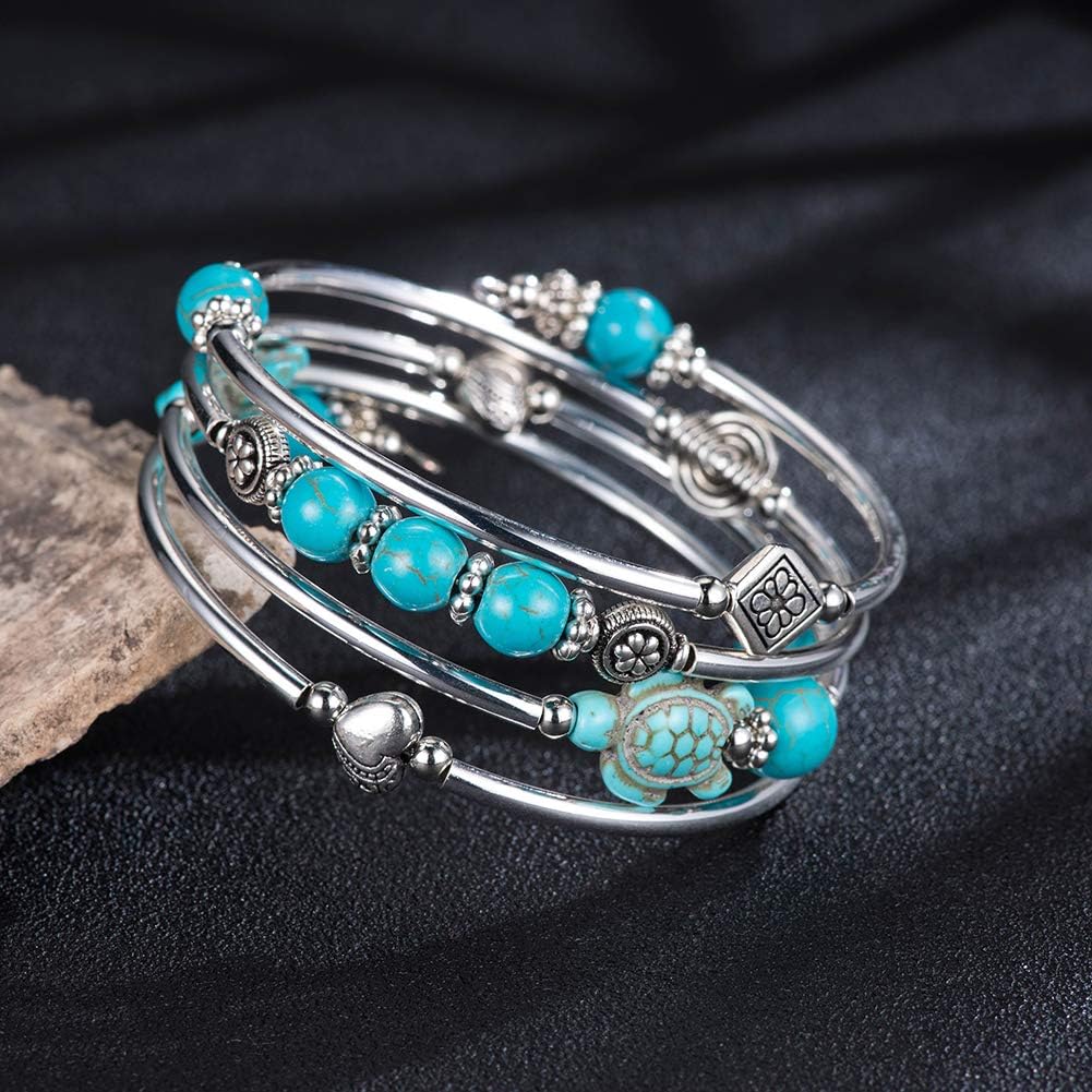 BULINLIN Layered Wrap Bangle Turquoise Bracelet - Bead Bracelet with Natural Agate Stone, Gifts For Women - Image 2