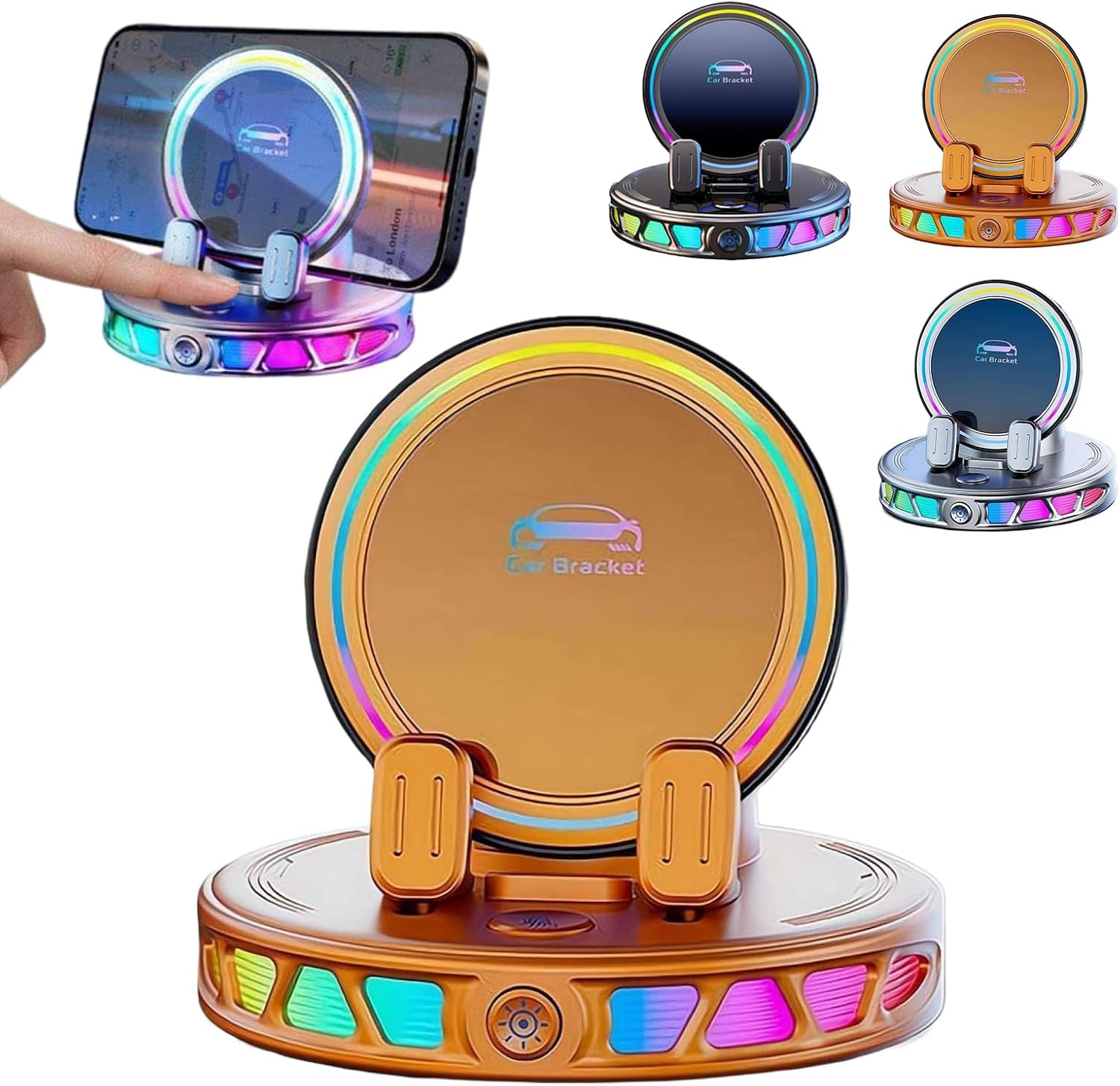 Rgb Car Phone Mount, Rgb Electric Car Phone Mount with Wireless Charging, Wireless Car Charger, Auto-Clamping Vacuum Suction Phone Holder, 360° Rotation Stable Dashboard Mount for All Cars (Orange)