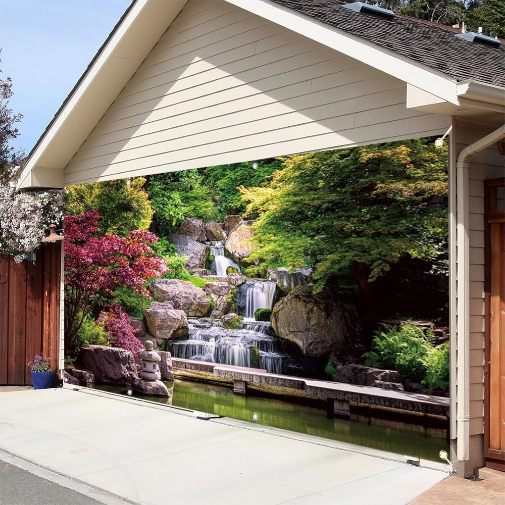 6x13ft Japan Garden Landscape Garage Door Decoration Banner Retro Park View Waterfall Maple Trees Bridge Kyoto Garden Garage Door Mural Backdrop Decoration for Outdoor Indoor Wall Door