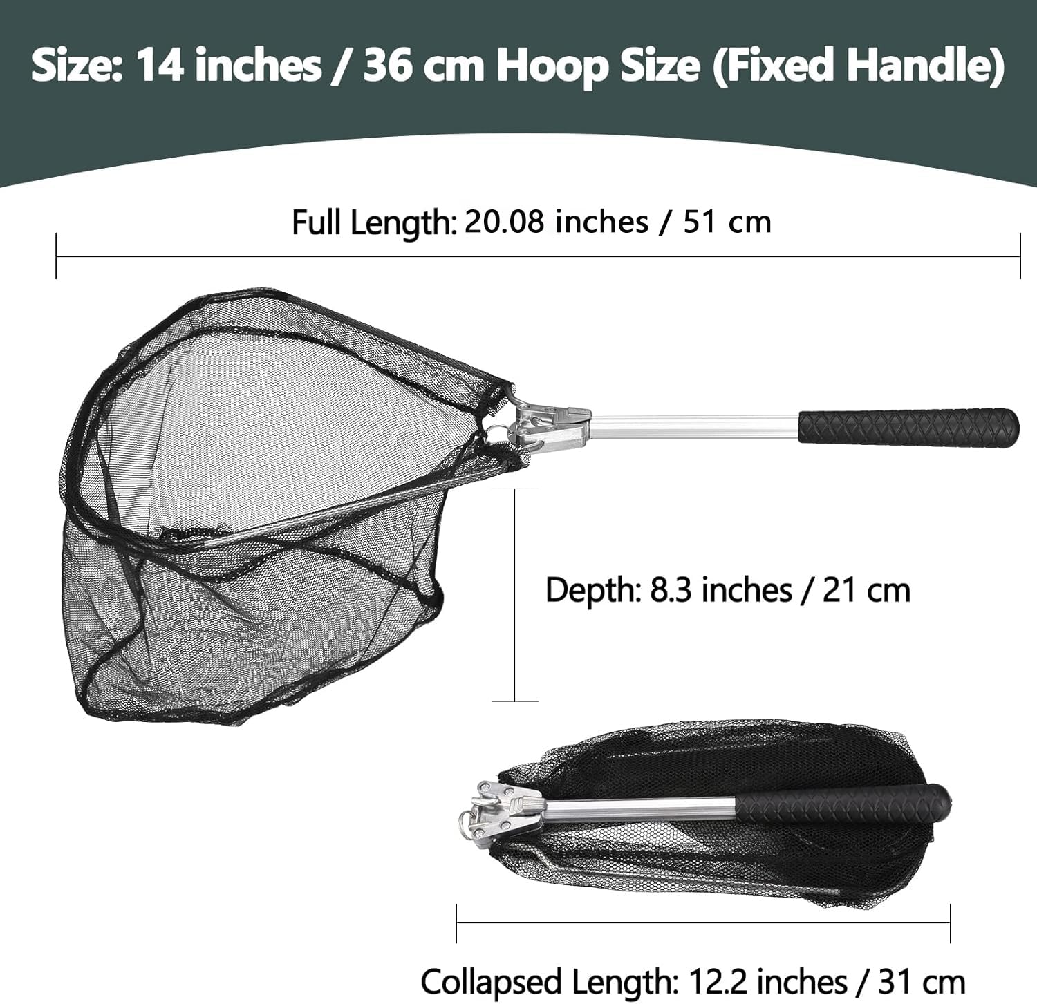 Filet de pêche pliable noir 51 cm - Épuisette pour adultes et enfants, atterrissage pour saumon et poisson-chat