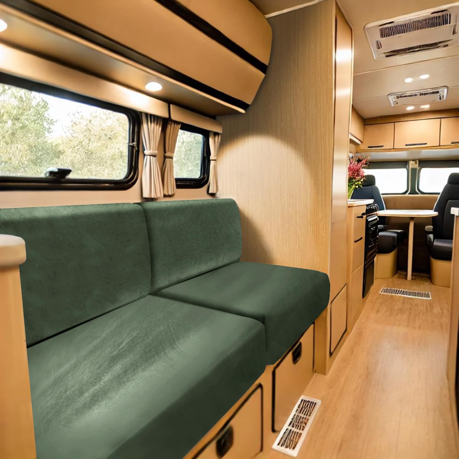 SYLC Stretch Caravan Seat Covers, Non-slip Motorhome Seat Covers for Lounge with 2 Straps, Velvet Sofa Cushion Covers for Couch Camper Bench (green,Rectangle 2XL) โ image 1